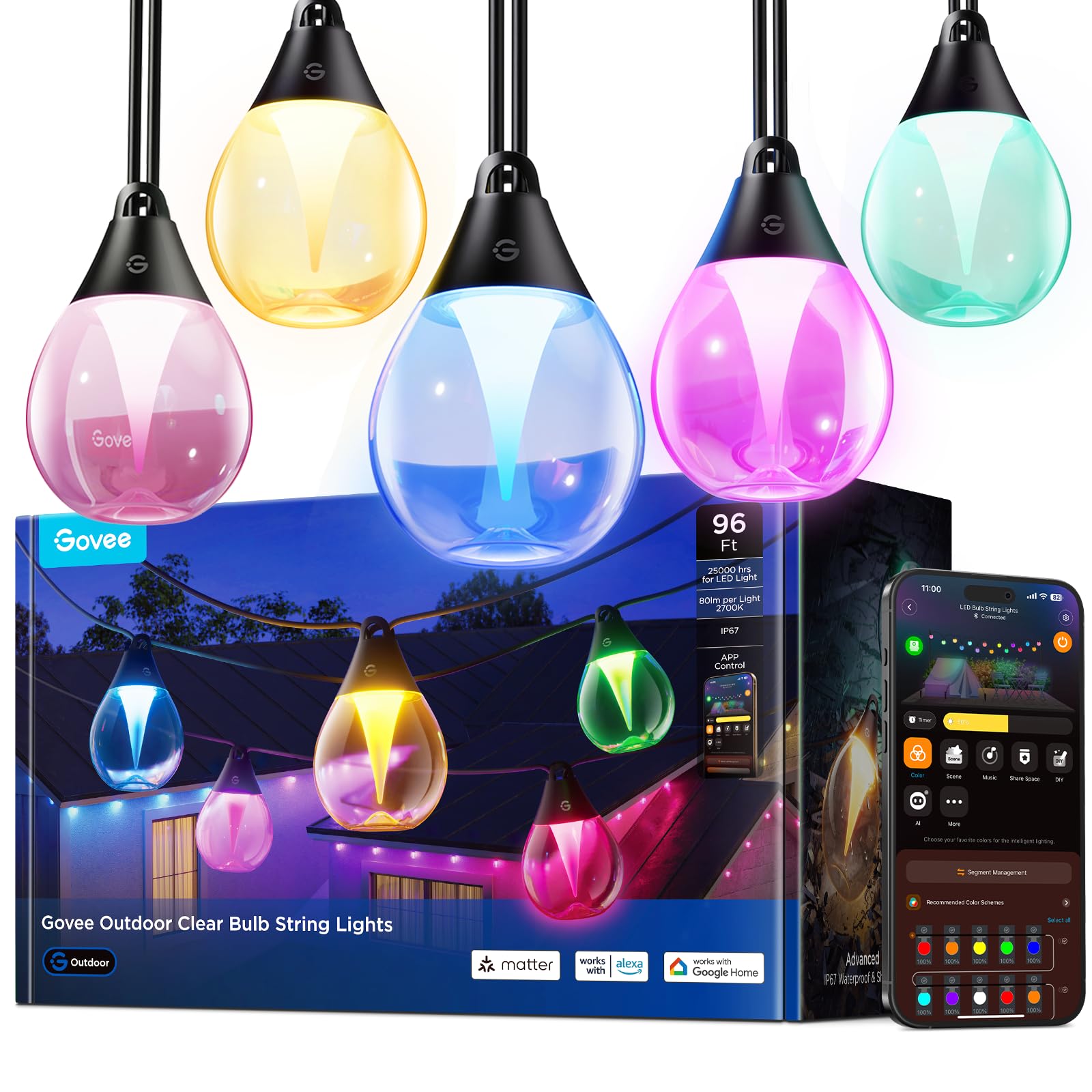Govee Lichterkette Außen, 30M Dimmbare RGBWIC LED Lichterkette mit 16 Millionen Farben und 111 Szenenmodi, 80 lm pro LED, Lebensdauer 25.000 Stunden, Funktioniert mit Alexa, Google Assistant, Matter