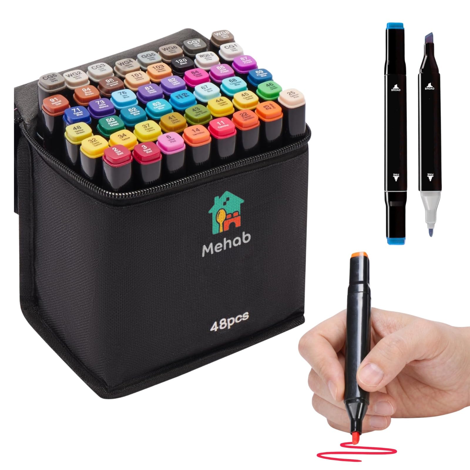Mehab 48 Shades Dual Tip Brush & Fine Art Markers Set | Professional Sketch Pens with Carry Case | Permanent Coloring Tools for Drawing, Calligraphy, Doodling | Ideal for Kids, Students & Artists