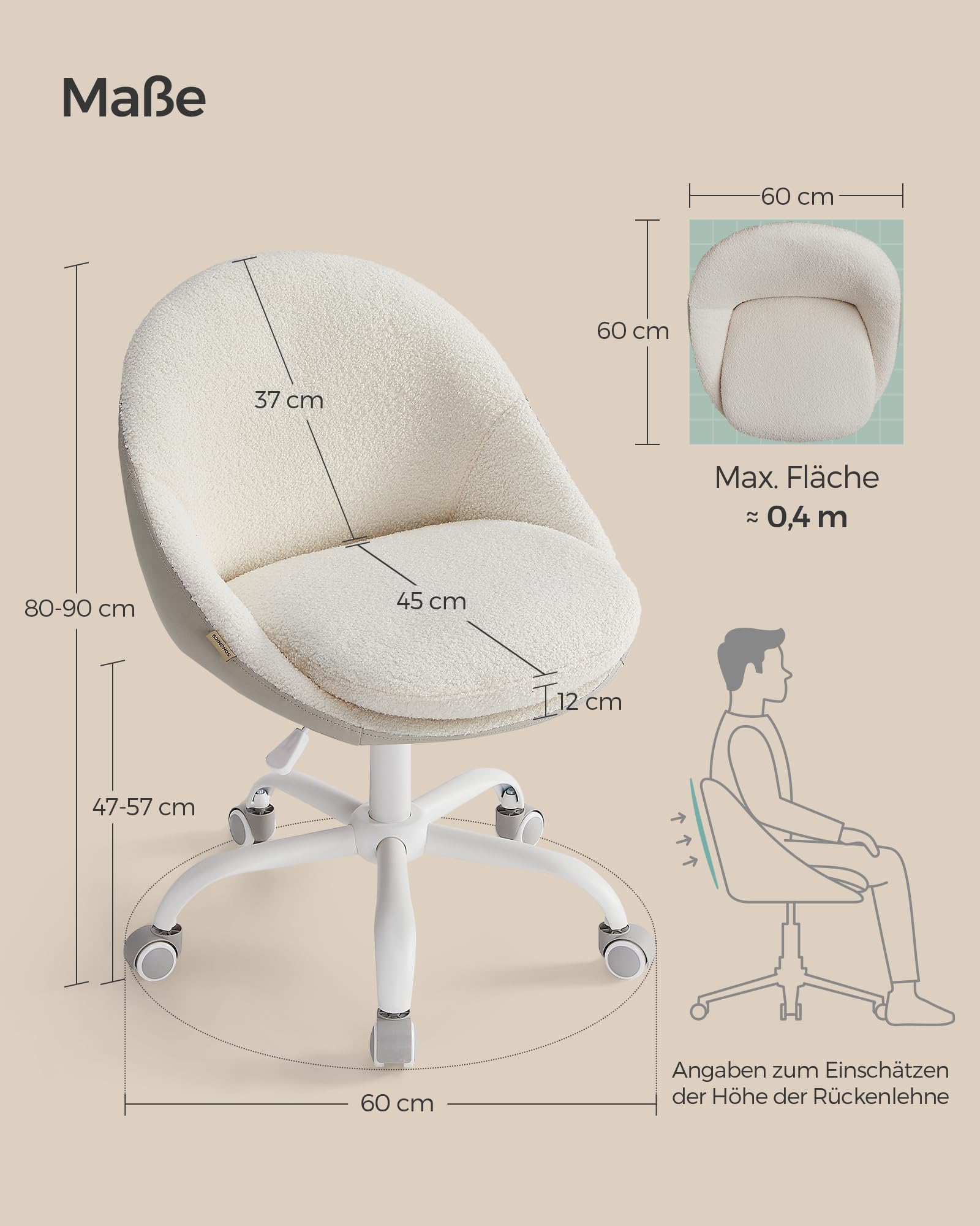 SONGMICS Homeoffice Stuhl, Schminkstuhl aus Sherpa, Schreibtischstuhl, Schaumstoffpolsterung, höhenverstellbar, für Arbeitszimmer, Schlafzimmer, cappuccinobeige-wolkenweiß OBG020W01