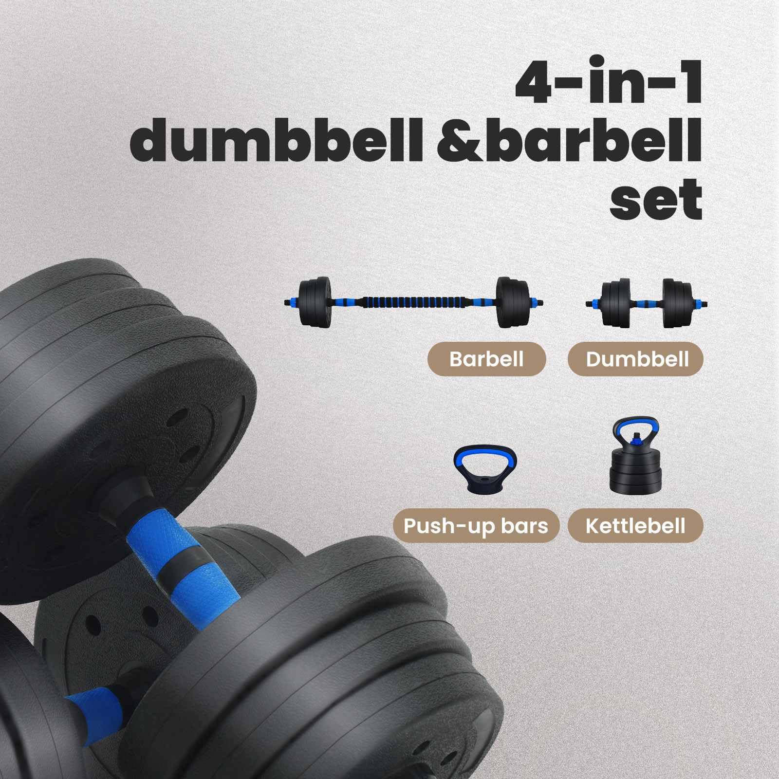 vidaXL Set di manubri, bilanciere e Kettlebell 4-in-1 20 kg Nero e Blu, Attrezzatura da casa, manubri Regolabili, Pesi per Allenamento, Fitness Indoor, Strumenti e Attrezzi salvaspazio