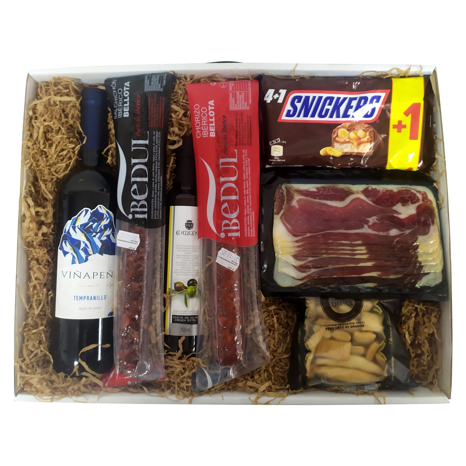 Deliex. Cesta gourmet para regalar con vino, aceite, paleta, ibéricos, chocolatinas snikers, lote delicatessen para regalar