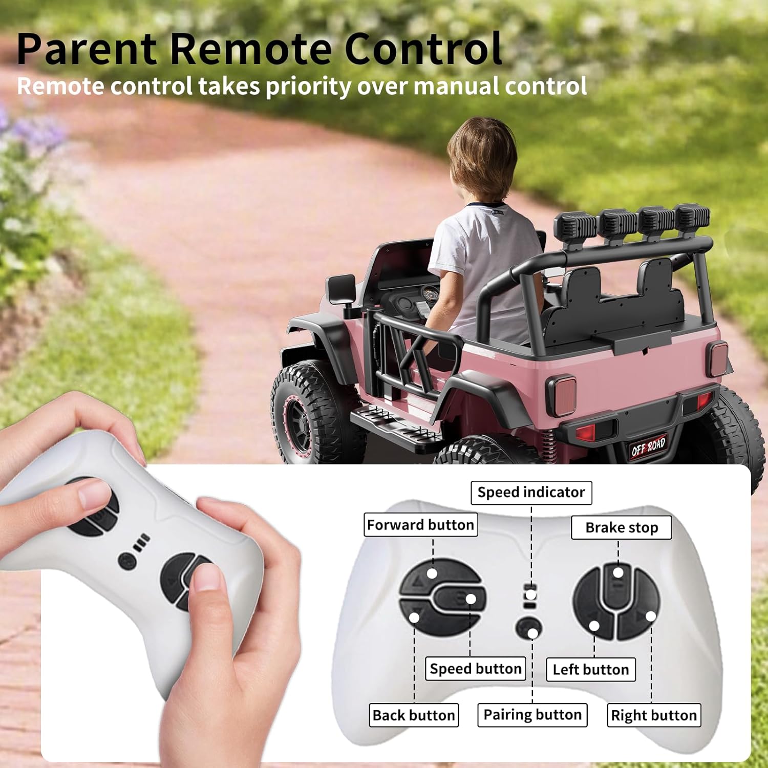 24V Ride On Toys for Kids, 2 Seater Electric Car w/Remote Control, 3 Speeds, Max 6MPH, 4x200W Motor, LED Lights, Spring Suspension, Music
