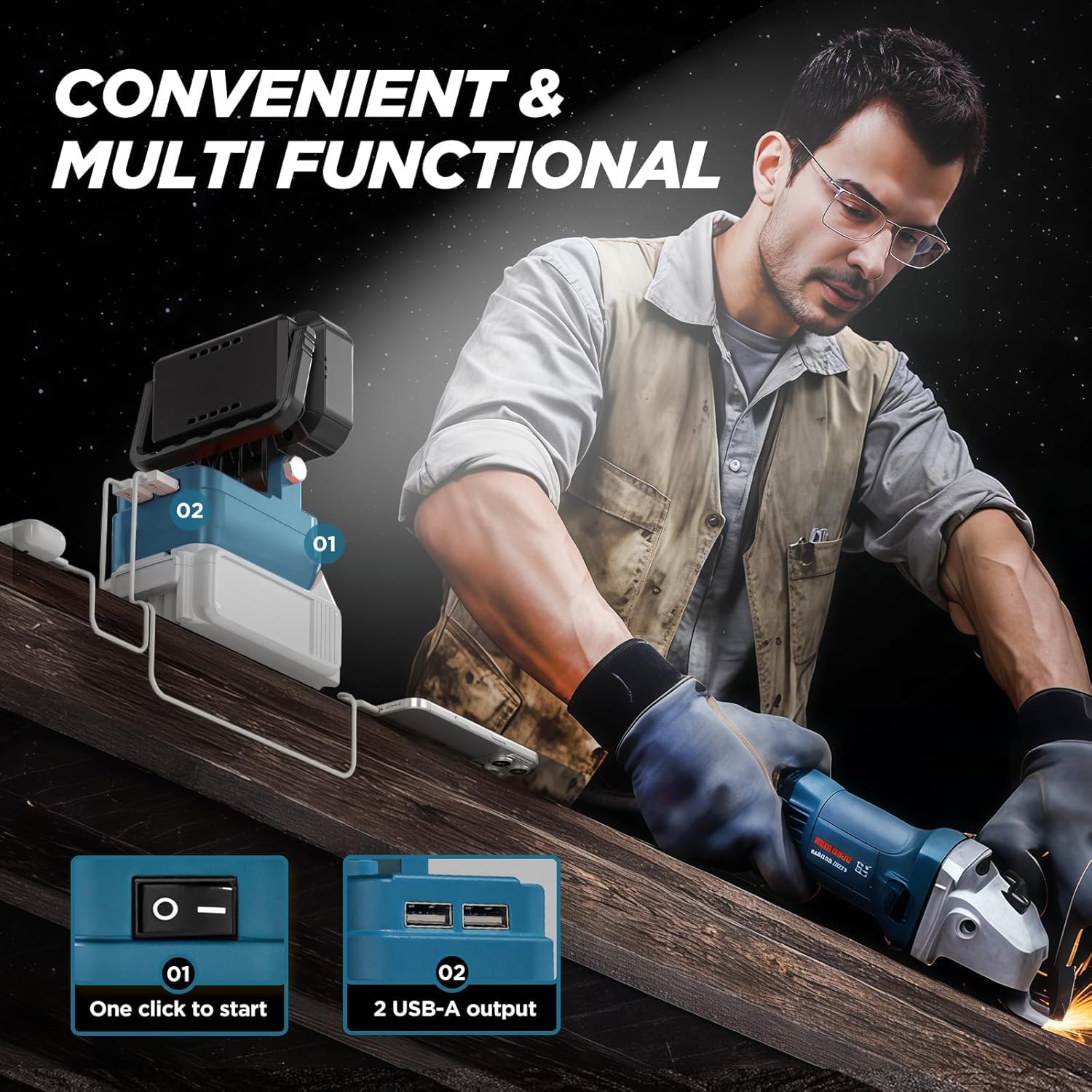 Yaasier Lámpara LED con batería para Makita 18V, Luz de trabajo LED inalámbrica 4800LM Con 2 puerto de carga USB, lampara recargable portatil para jardines, patios traseros, garajes
