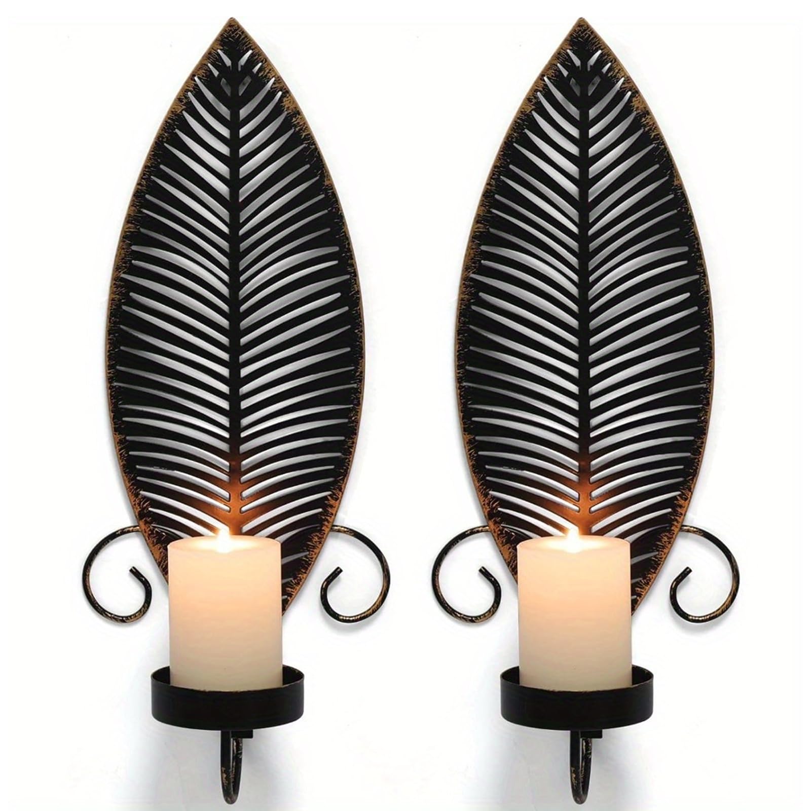 Leaf Wall Candle Sconces Vintage Metal Candle Holder, Set of 2 Wall Candlestick Mounted for Hallway Fireplace Bedroom Living Room (Black)