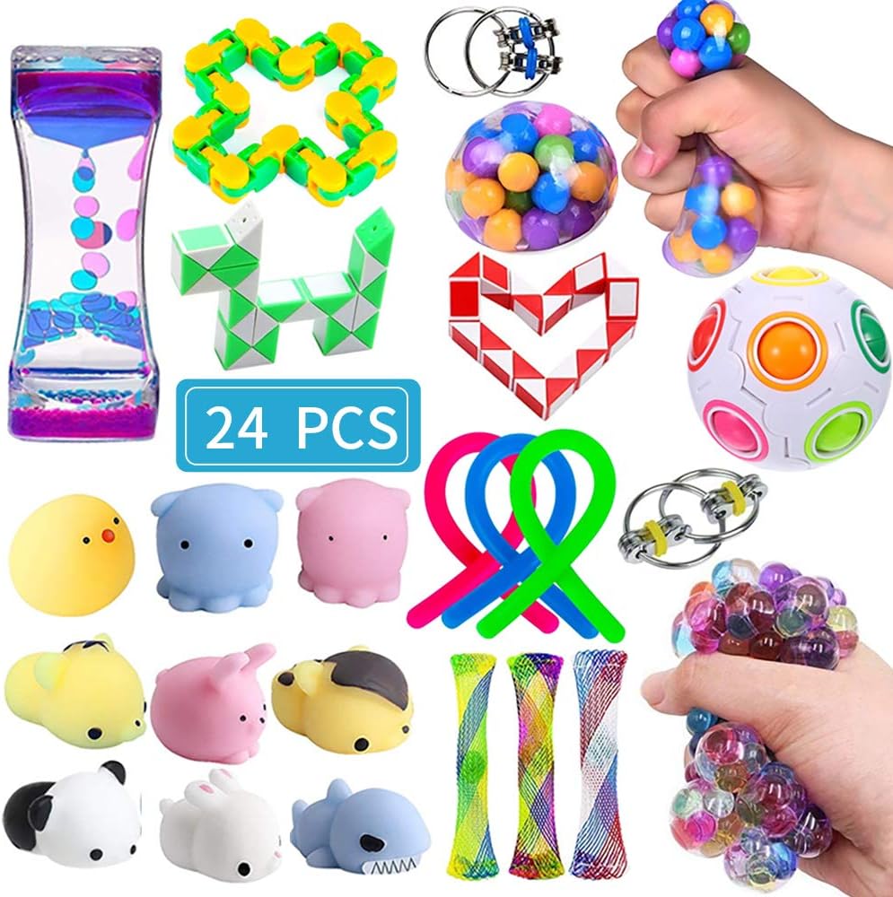 Sensory Fidget Toys Set 24 Pack Stress Relief and Anti-Anxiety Hand Toys for Kids and Adults Calming Toys with Fidget Ball Marble and Mesh Sensory Toys Perfect for Children with ADHD Autism