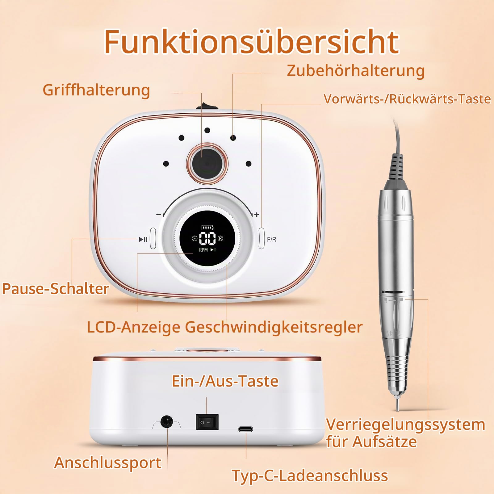 CIVPOWER Nagelfräser für Gelnägel: Professionelle 35000 U/Min Elektrische Nagelfräser mit 4000mAh Akku - 13 in 1 Nagelfeile Fräser Maniküre Pediküre Set
