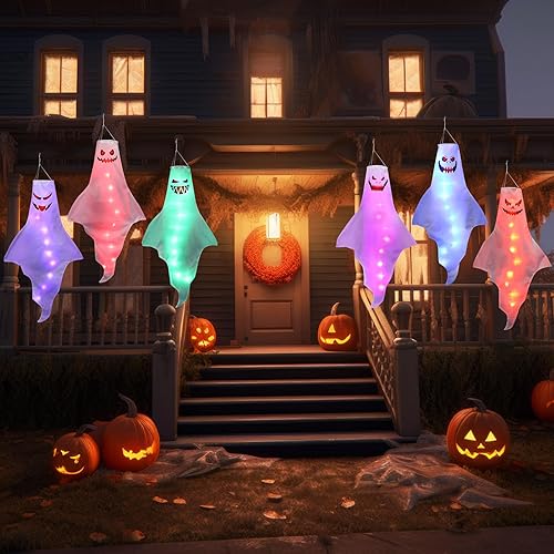Miniatura 5 de Fiada 6 piezas de decoraciones de Halloween al aire libre de 43 pulgadas, decoración de fantasma iluminada, sombrero de fantasma colgante,