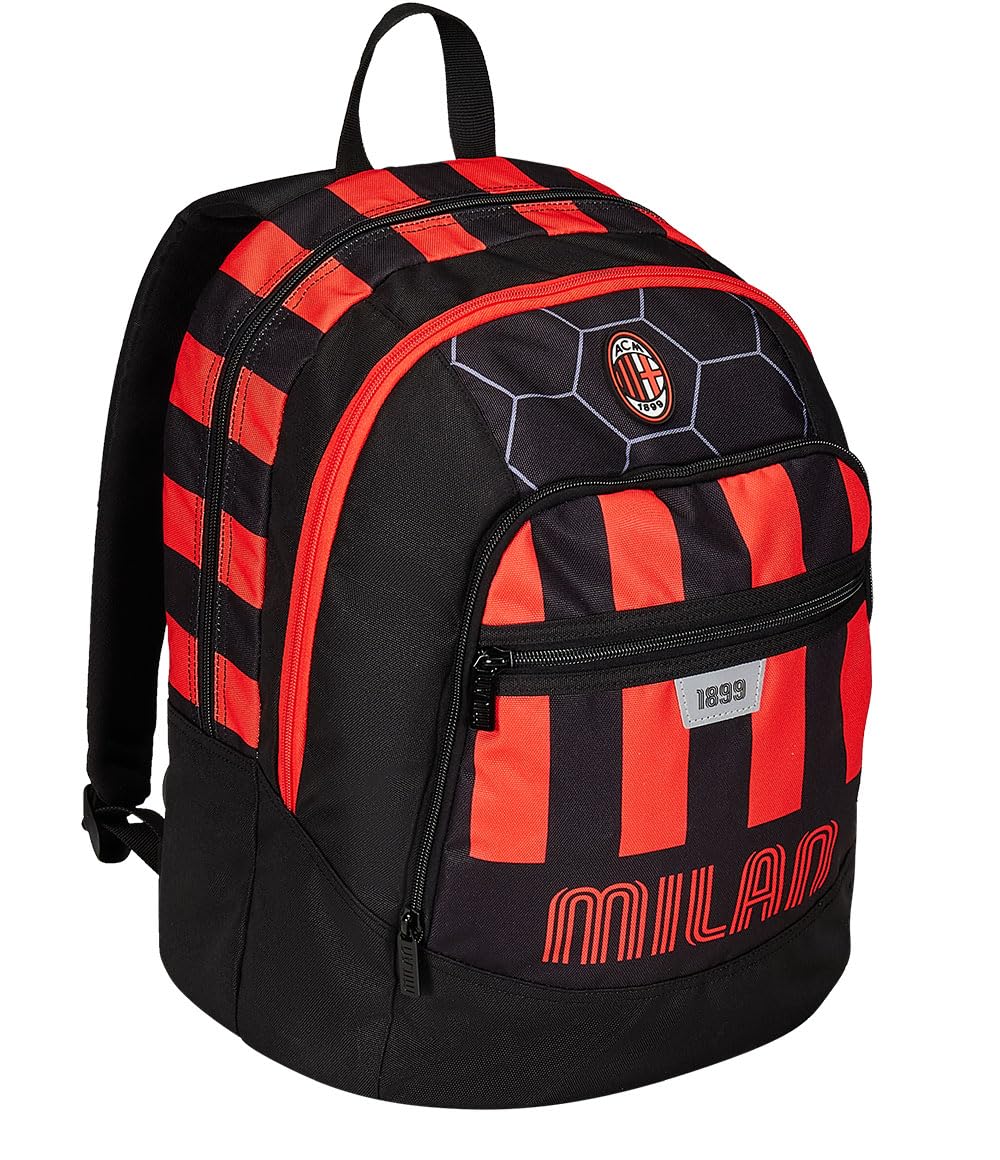 Zaino Scuola ADVANCED - A.C. MILAN Calcio - PATH OF VICTORY, Nero Rosso - Zaino Doppio Scomparto con Tasca Porta Borraccia - Zaino Scuola Bambino, Ragazzo