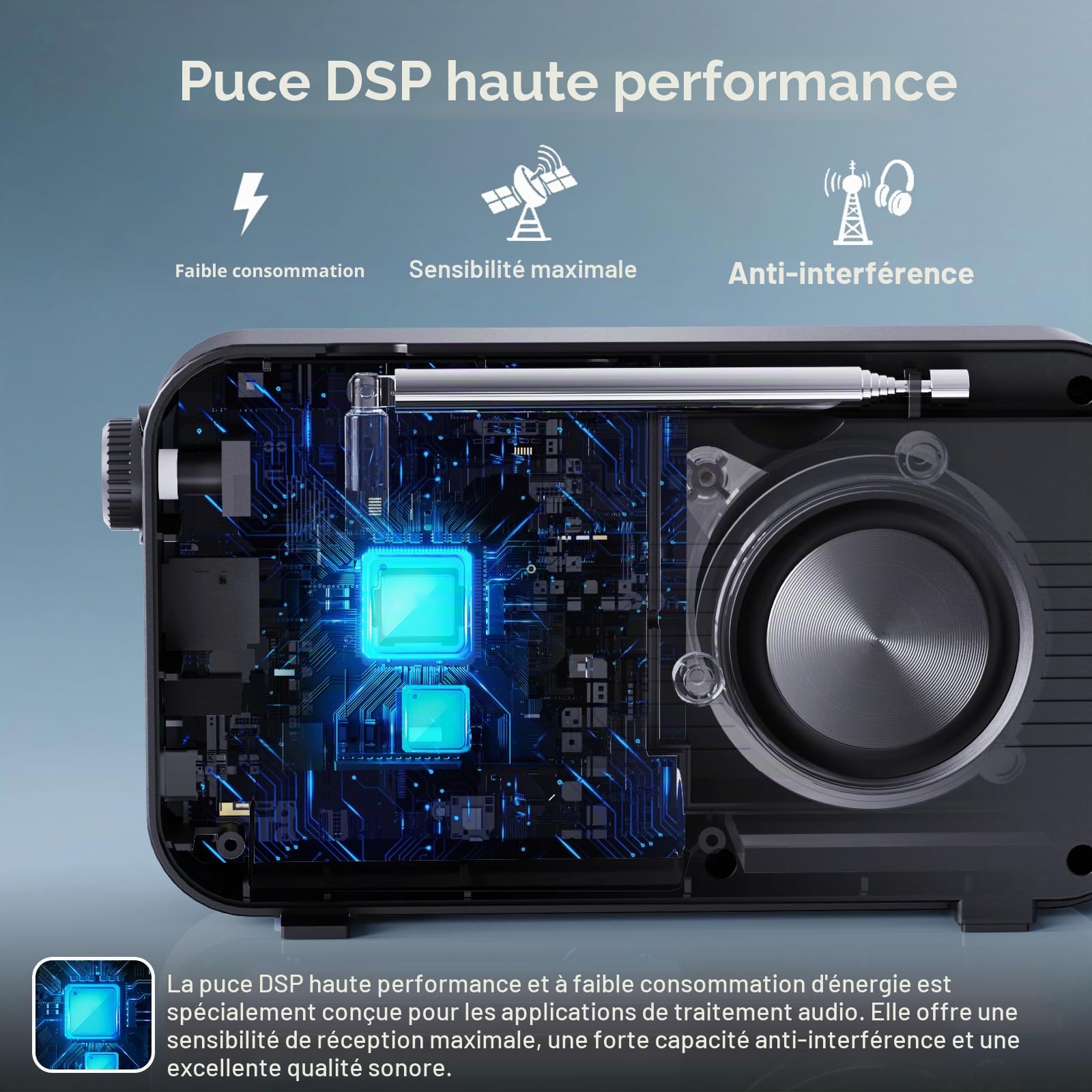 ROCAM Radio Portable Dab/Dab+/FM avec Bluetooth 5.0 & 3000mAh Batterie | 2,4" Écran Couleur Réveil Radio Rechargeable avec Deux Alarmes, 40 Dab/FM Stations Préréglées,12 Langues,TF Carte Emplacement