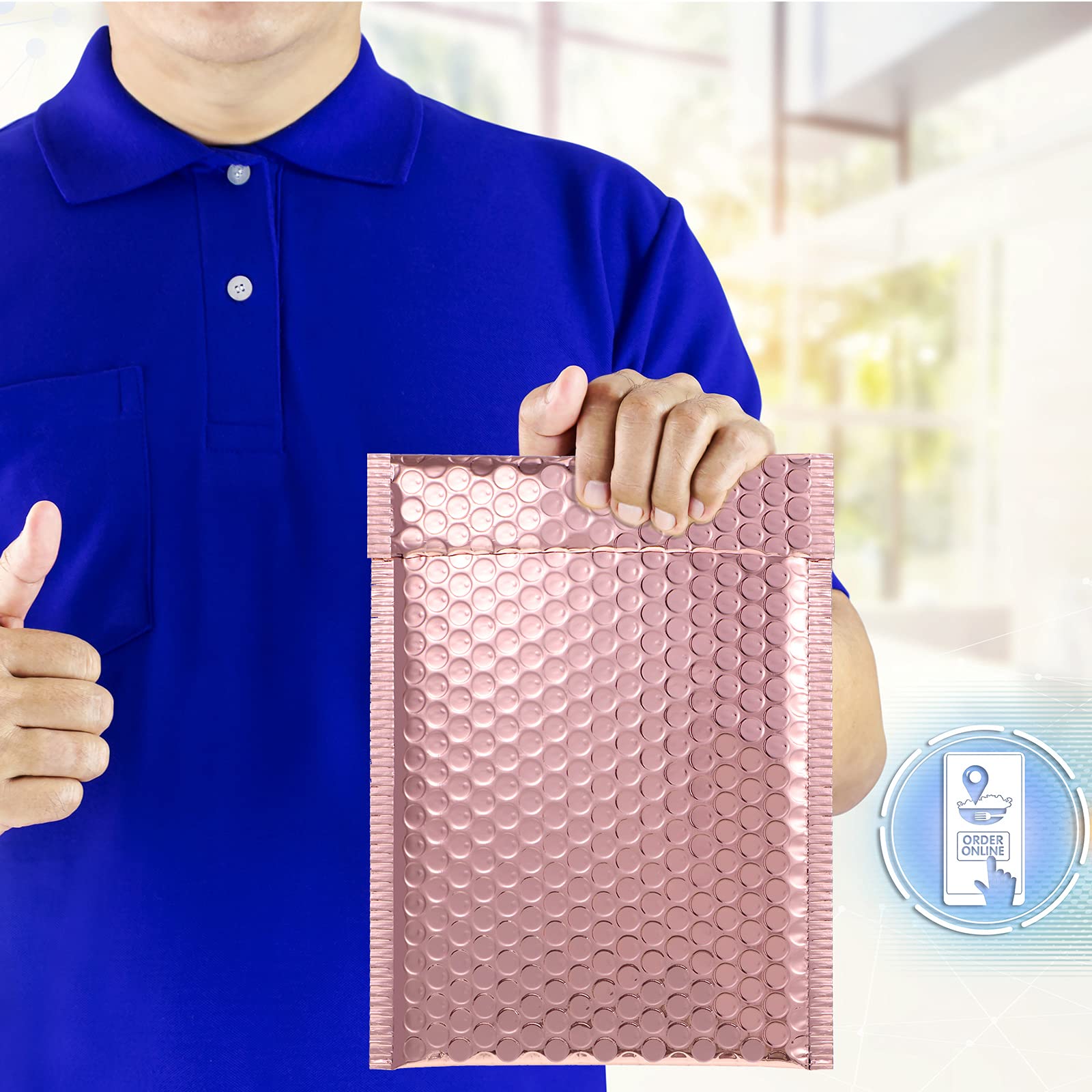 Lot de 50 enveloppes rembourrées métallisées à bulles pour envoi postal, rembourrées en aluminium, avec fermeture adhésive, sacs d'expédition pour emballage postal (style simple, or rose)