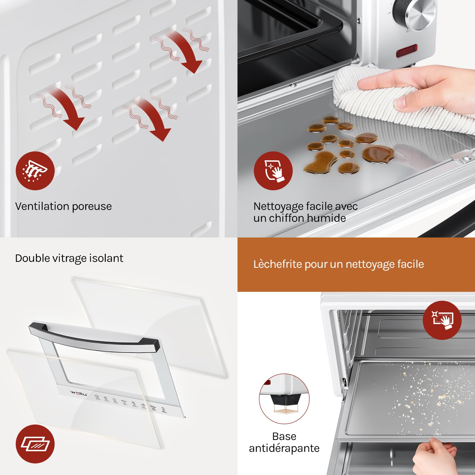 WOLTU Mini Four 32L avec Broche de Rôtisserie, 4 éléments chauffants, Minuterie 60 min, Température 100-230℃, 1600W, Porte à Double Vitrage, Blanc