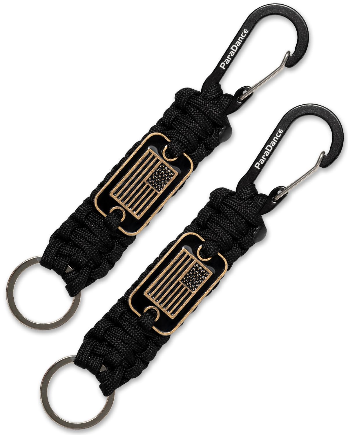 Paracord Keychain Carabiner with Cool USA Flag Men/Women, Military Braided Key Chain with Hook Clip Ring, Heavy Duty Key Lanyard for Car Keys/Backpack, Camping Hiking, 2-Pcs (2 * Black)