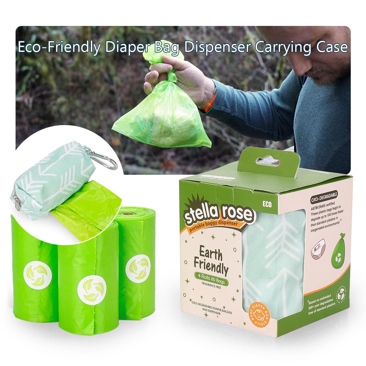 Dispenser per pannolini con 80 sacchetti usa e getta non profumati (4 rotoli di ricarica) per cacca di neonati e bambini o vestiti sporchi (freccia)