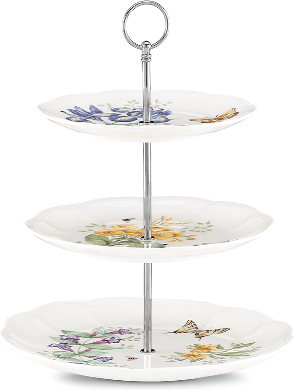 Bandeja para servir de 3 niveles de porcelana Lenox Butterfly Meadow | apto para lavavajillas, apto para microondas | 3 piezas, para postres, regalo para mujer, soporte y bandeja para cupcakes, artículo de soporte para tartas
