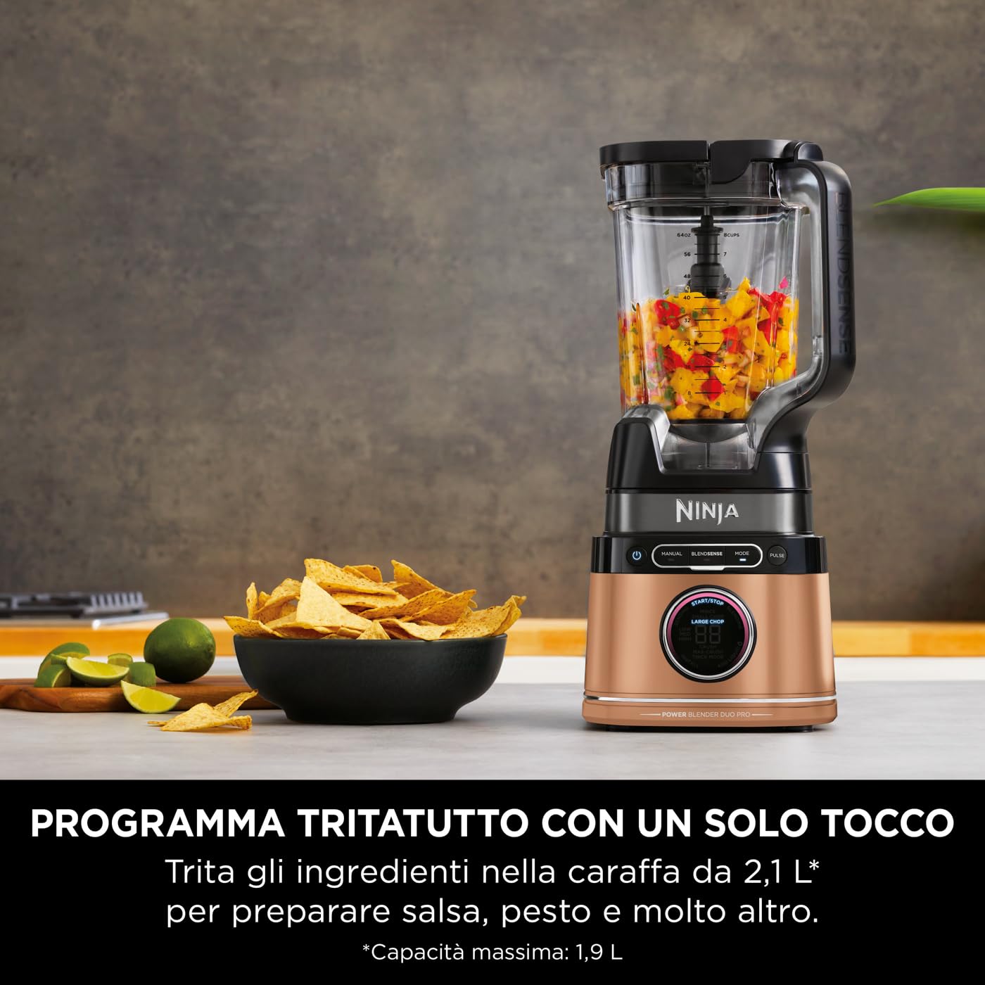 Ninja Frullatore Detect Power Pro 2 in 1 e Monoporzione 1200W, Caraffa da 2L, e 1 Bicchiere Monoporzione, per Frullare, Tritare Verdure e Bevande Ghiacciate, Colore Nero/Rame, TB301EUCP