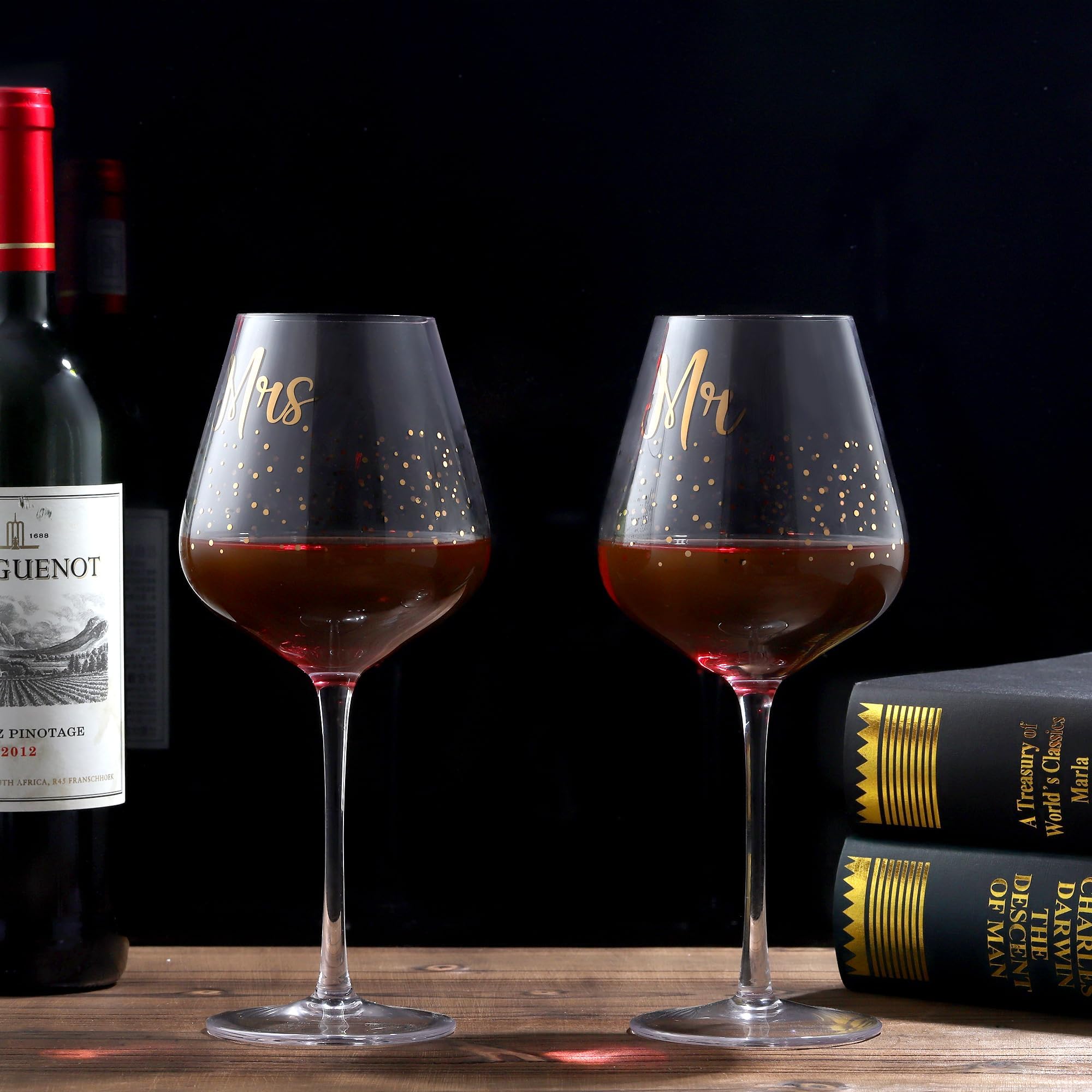 Joeyan 520 ml Set di 2 Mr e Mrs Calici Vino Rosso con Decalcomania Dorata