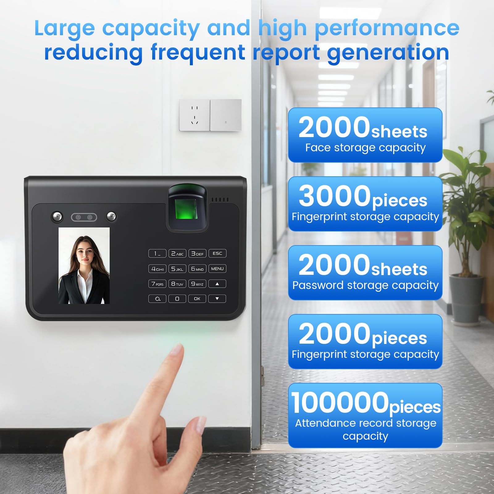 Dispositivo di rilevamento del tempo per piccolo, 4 in 1 biometrico con viso, impronte digitali, vena e pin, senza costi mensili, esportazione dati USB senza software