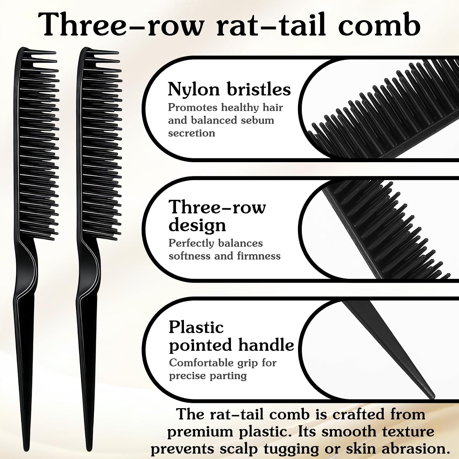 2 PCS 3 Row Comb for Removing Braids,Unbraider Teasing Comb with Rat Tail for Combing, Separating and Shaping Curls,Curly Hair Combs for Women Men(Black)