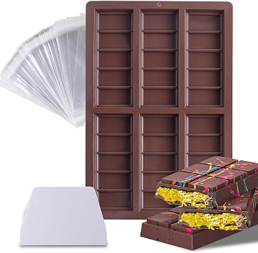 1 Pc Silicone Chocolate Bar Mold Deep Candy Bar Mold Break Apart Pistachio Chocolate Bar Molds for Stuffed Bar Come with 100 Pcs Bags and Scraper, 6 x 5 Snaps