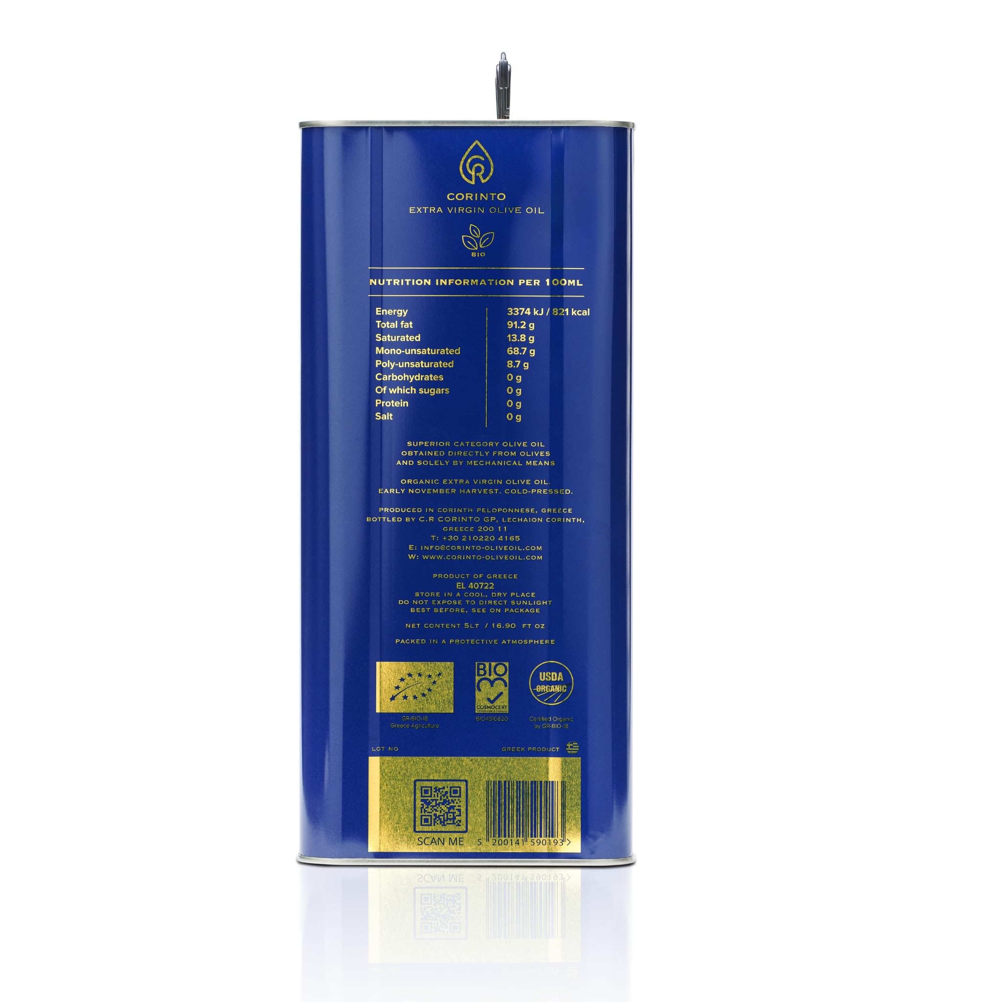 Corinto Bio Oliwa z Oliwek Extra Vergine 5L – oliwa z oliwek bio, zimnotłoczona, niefiltrowana, Koroneiki, wczesny zbiór, wysoka zawartość polifenoli, premium z Koryntu, duże opakowanie
