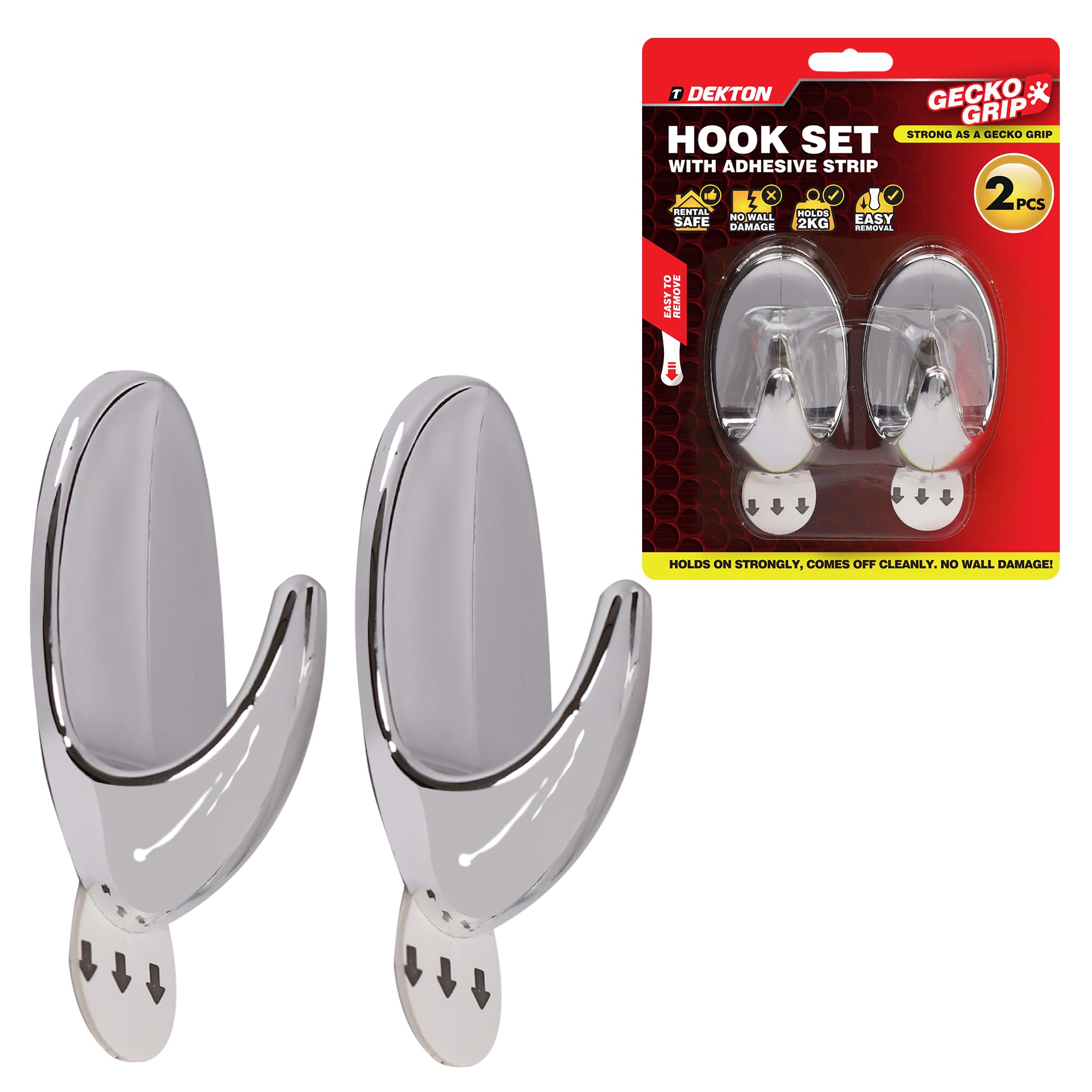 Dekton Chrome Geckogrip Hook Set 2Pc -Heavy-Duty Wall Hook| Strong Adhesive Grip| Holds Upto 10Kg| Ideal For Kitchen, Bathroom, Office| Reusable & Residue-Free| Sleek Finish| Versatile Storage
