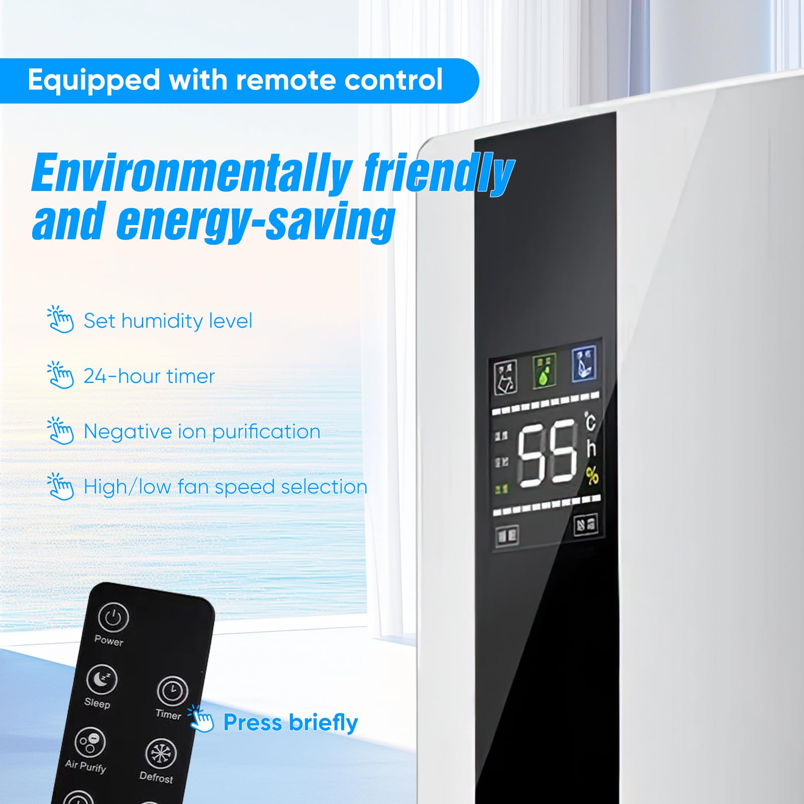 Deumidificatore elettrico,Deumidificatore e purificatore d'aria 2 in 1,silenzioso per la casa - schermo LED, controllo intelligente dell'umidità, timer 24h,telecomando (A)