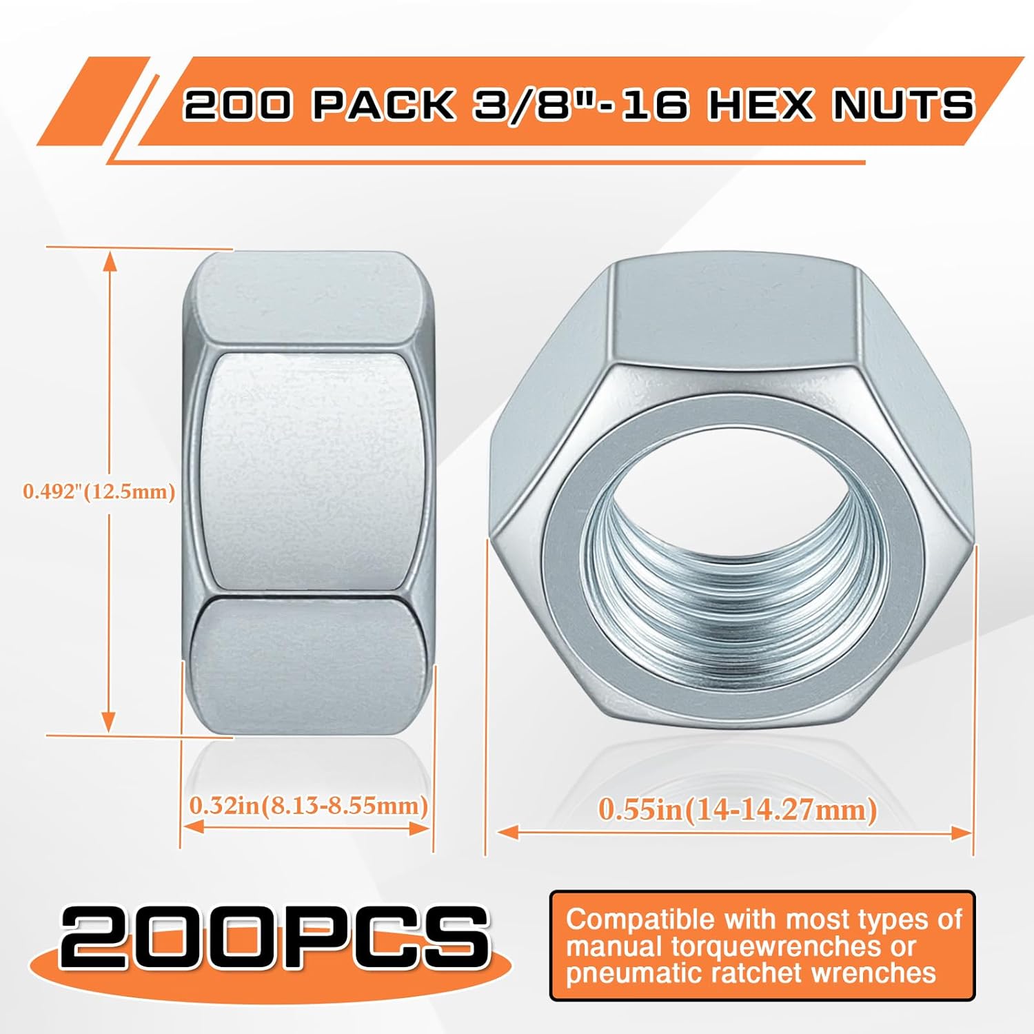 Yaocom 200 Pack 3/8"-16 Zinc Hex Nuts Electro Galvanized Finish Bright Silver UNC Coarse Thread Hex Nuts Bulk Compatible with Bolts and Threaded Rods of The Same Specification