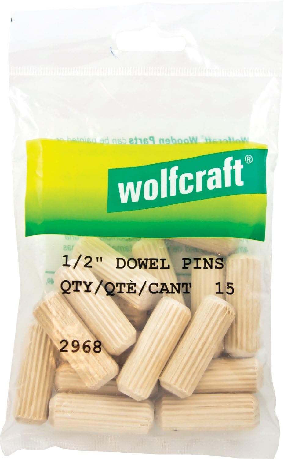 Wolfcraft 2968405 1/2 in (13 mm) x 1 7/16 in (37 mm) Fluted Beechwood Dowel Pin, 15-Pack
