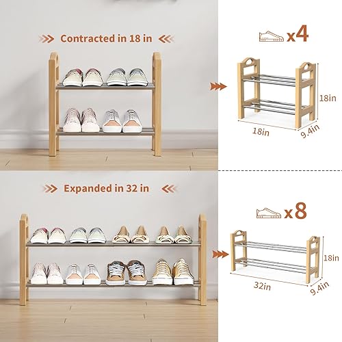 Miniatura 3 de Zapatero ajustable de madera de 18 a 33 pulgadas para entrada, 2 niveles de acero inoxidable expandibles, estantes organizadores, almacenamiento y