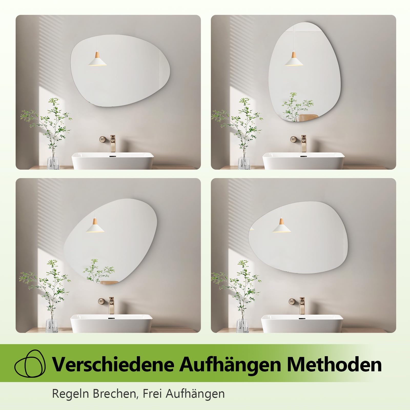 S'AFIELINA Asymmetrischer Spiegel 75x55 cm, Rahmenloser Wandspiegel | Organischer Spiegel für Badezimmer und Gäste-WC, Kupferfreies HD-Glas, Splitterschutz, Hoch- und Querformat montierbar