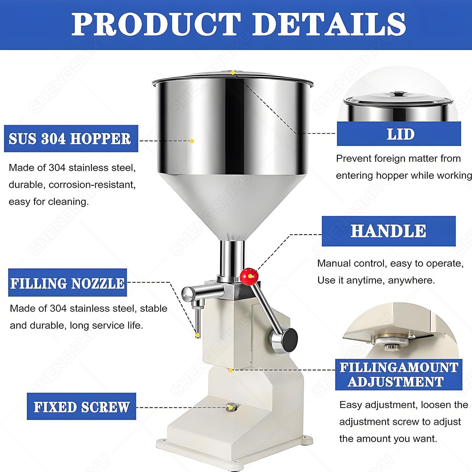 Máquina Llenadora Manual, Máquina de Botellas de Pasta Líquida, Llenadora Embotelladora de Acero Inoxidable con 10L Tolva, 20-30 Ciclos por Minuto, para Aceite, Crema, Cosméticos, Champú