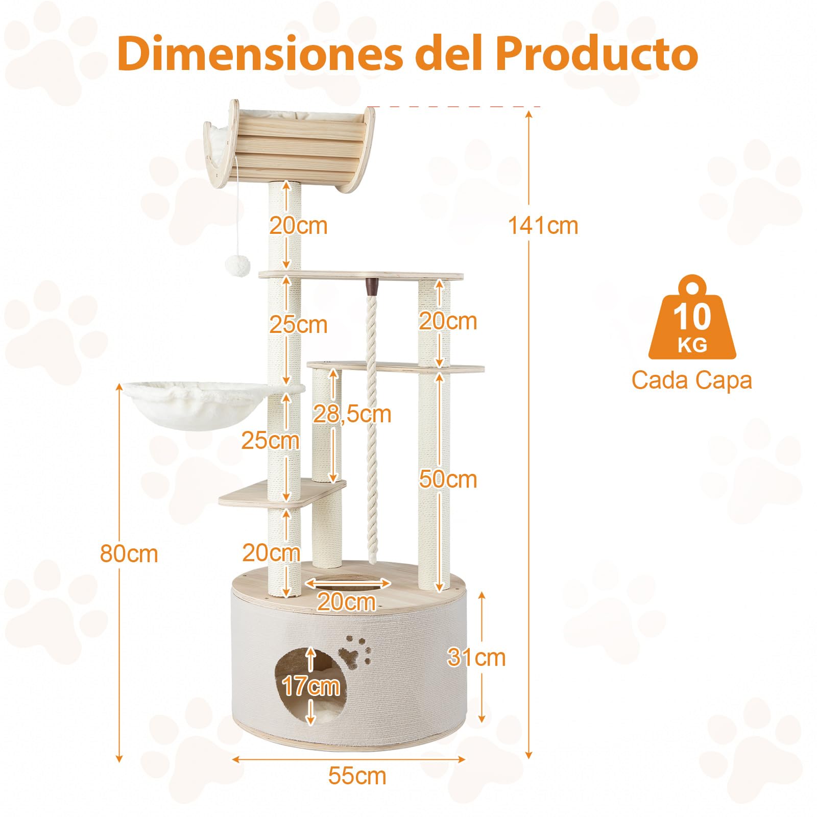 COSTWAY 141 cm Árbol Rascador para Gatos de Madera, Torre para Gatitos Multinivel con Condo, Cama Curvada, Hamaca, Postes Rascadores, Bola Colgante y Cuerda, Cojines Lavables, Castillo Gatos Interior