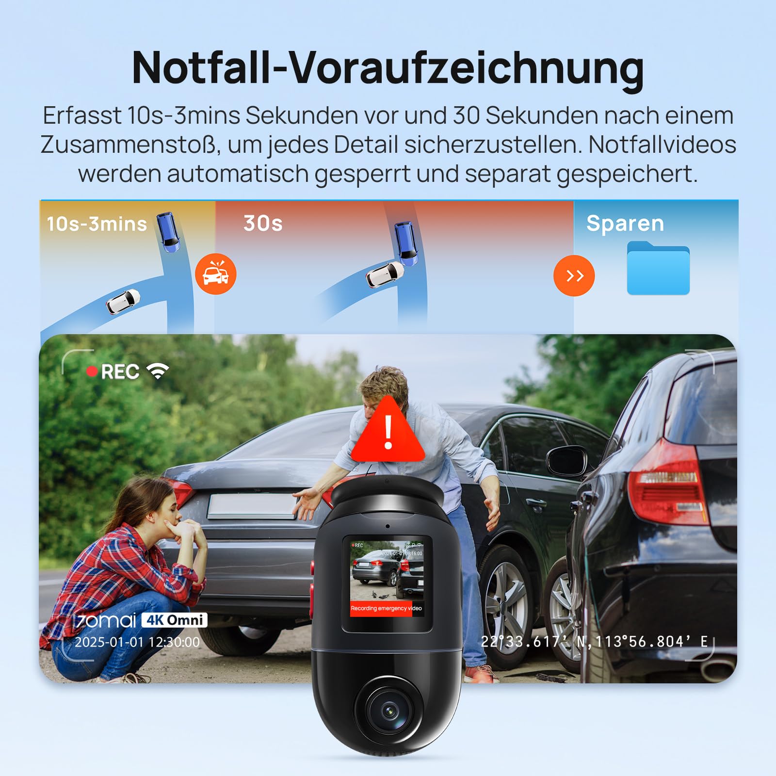 70mai Dash Cam 4K Omni, 4K+1080P Dashcam Auto 360 Grad Vorne und Hinten mit Dual STARVIS 2 HDR, 4G LTE, AI-Bewegungserkennung, Nachtsicht, GPS 5GHz WiFi 6, 24H Parkmodus, App-Steuerung, 128GB SD-Karte