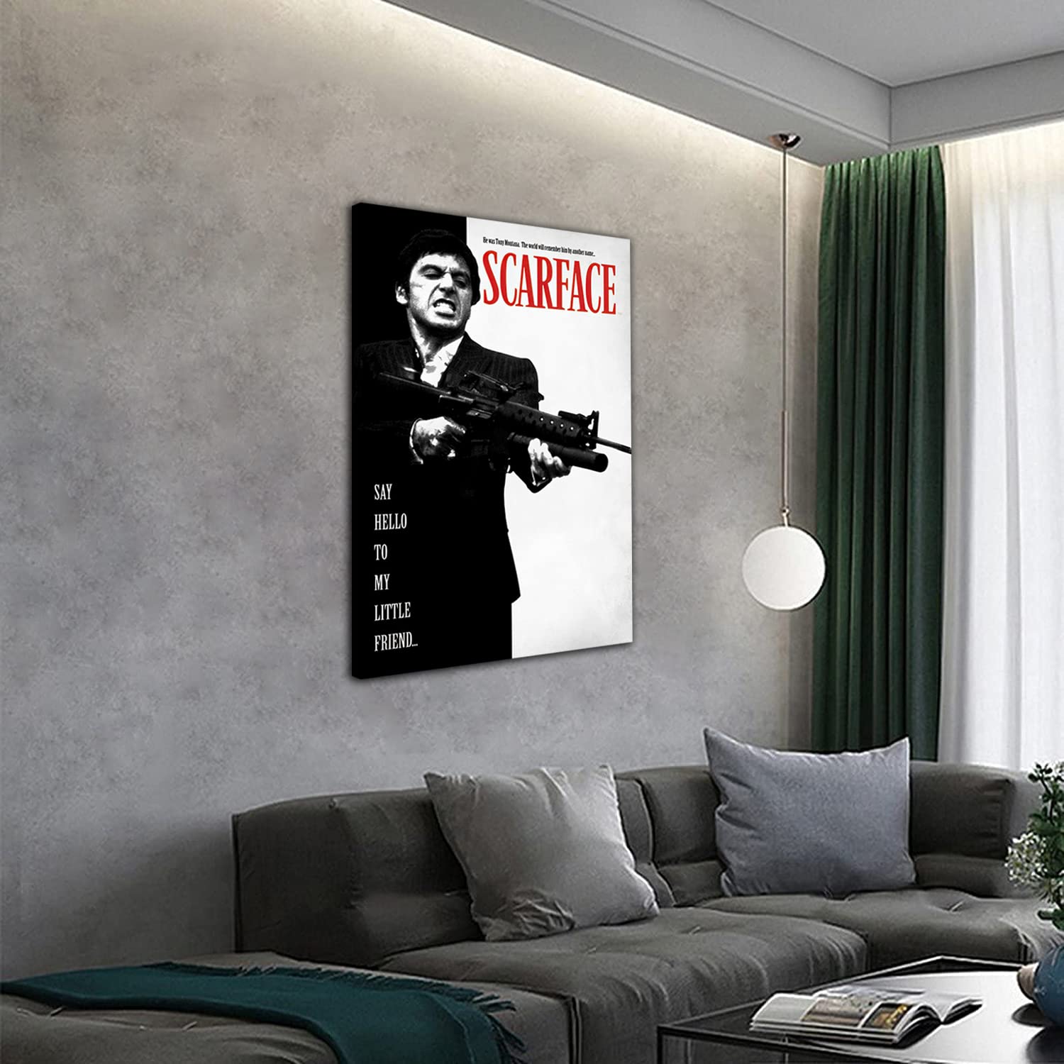 HOPNRU Dipinto su tela in bianco e nero Scarface Poster con immagini artistiche da parete di film classico retrò Stampa Poster di arredamento estetico per soggiorno (60x90cm-Incorniciata)
