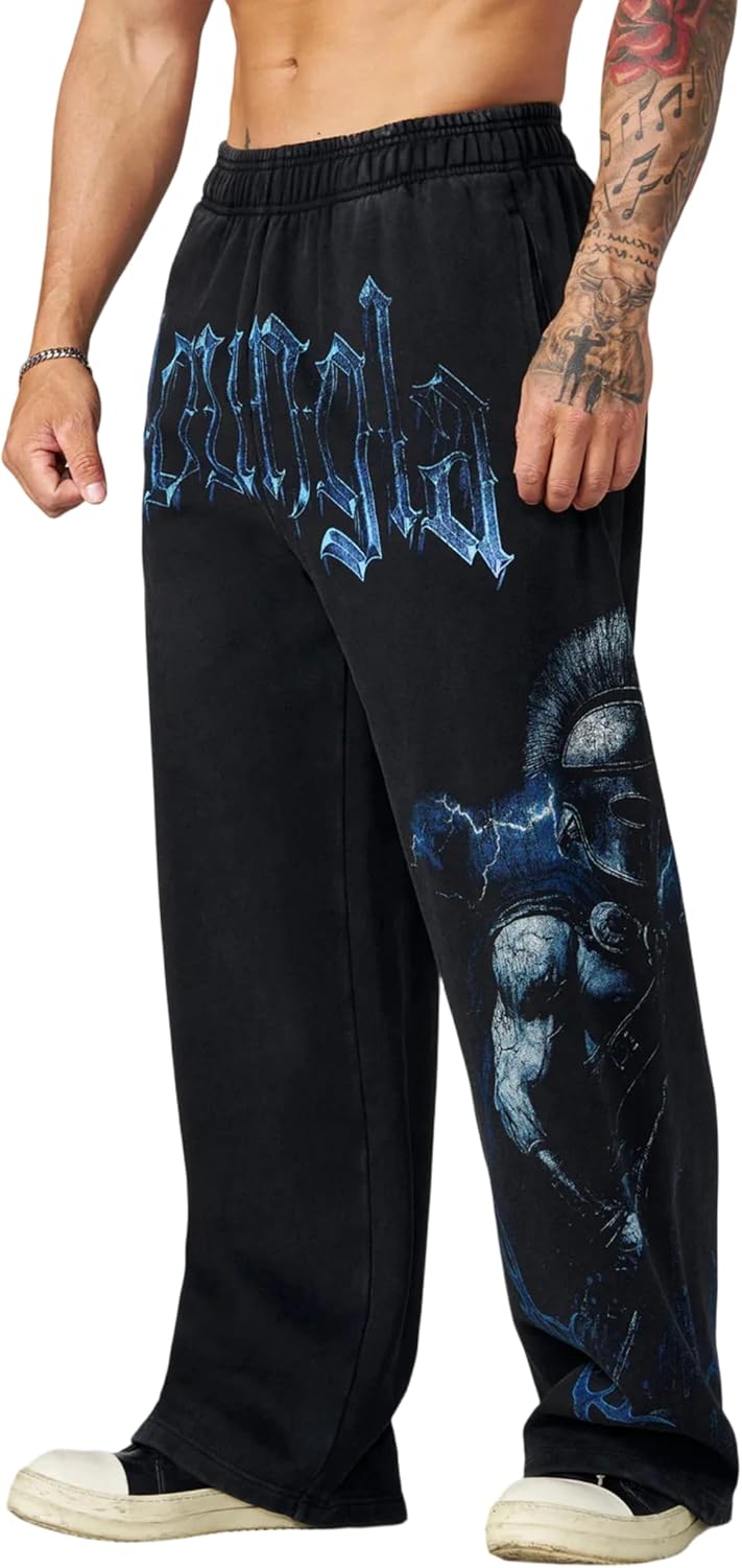 Men's Vintage Wash Graphic Sweatpants Baggy Straight Leg Joggers with Pockets Cotton Stretch Gym Streetwear Pants