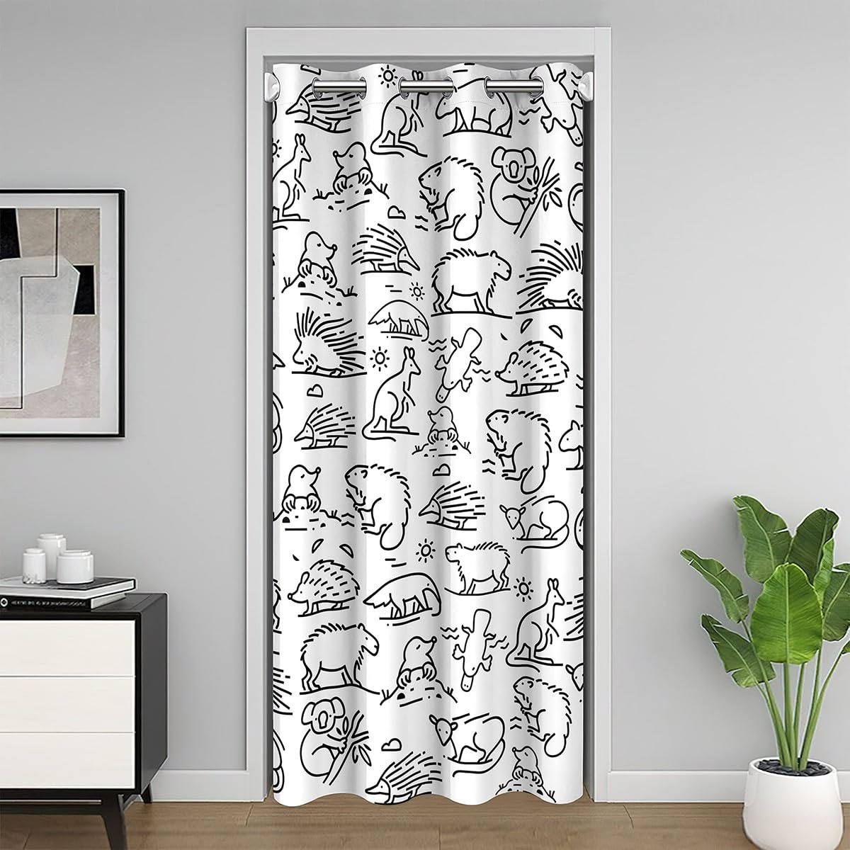 Opossums Door Curtain for Doorway Privacy 106x203cm Kids Cartoon Animal 30%-50% Room Darkening Blackout Insulated Thermal Curtain Capybara Koala Kangaroo Window Treatments Black White