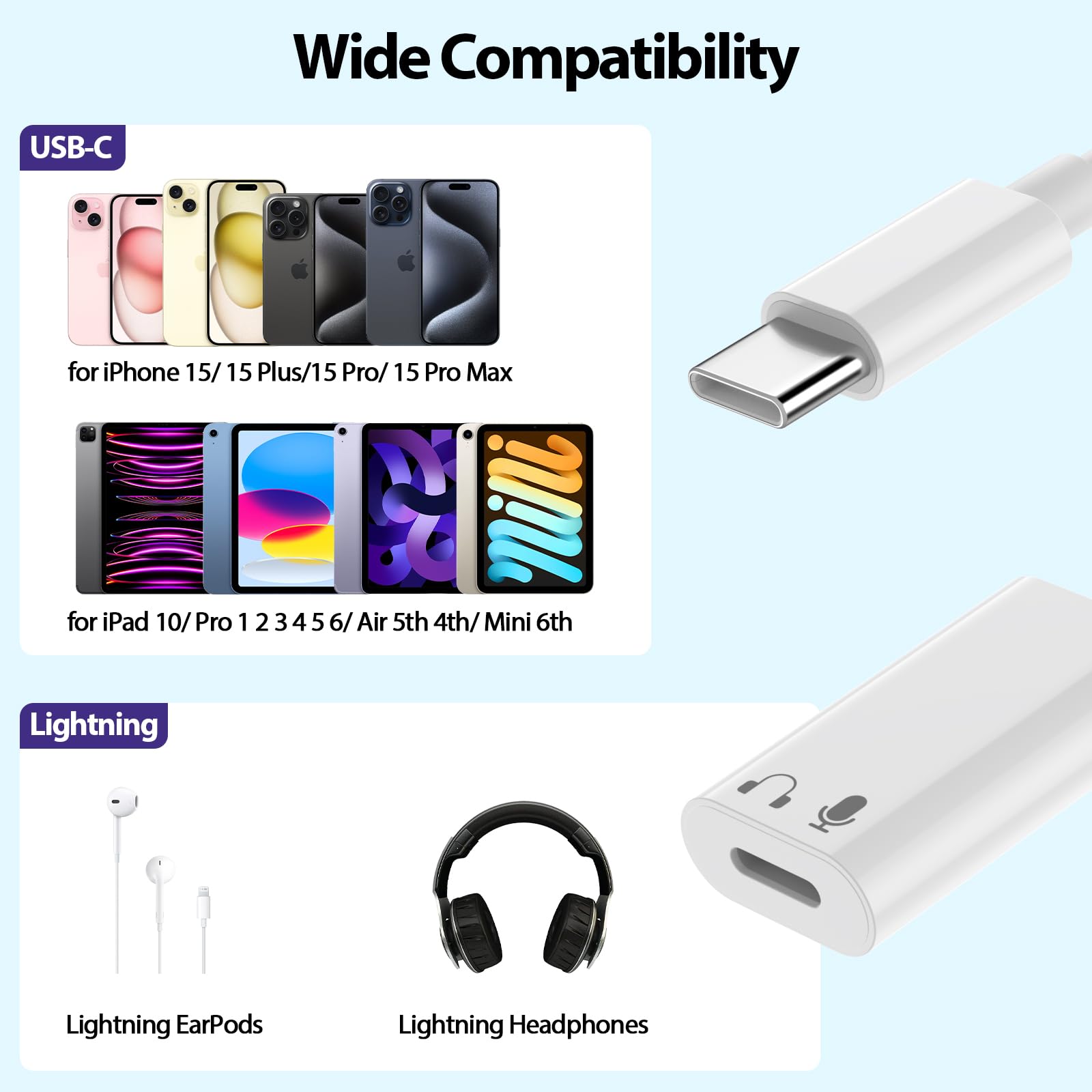 Adaptateur Lightning Vers USB-C Seminer - Pour Casque Audio IPhone/iPad | Pas De Charge, Contrôle Ligne Inclus - 11