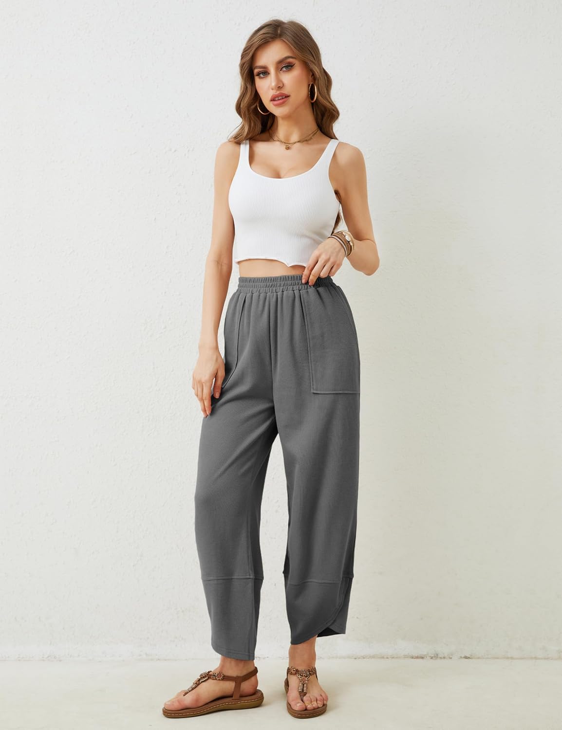 Xiaoxuemeng Womens Baggy Wide Leg Pants Casual Elastic Waisted Palazzo Harem Pants with Pockets - Image 3