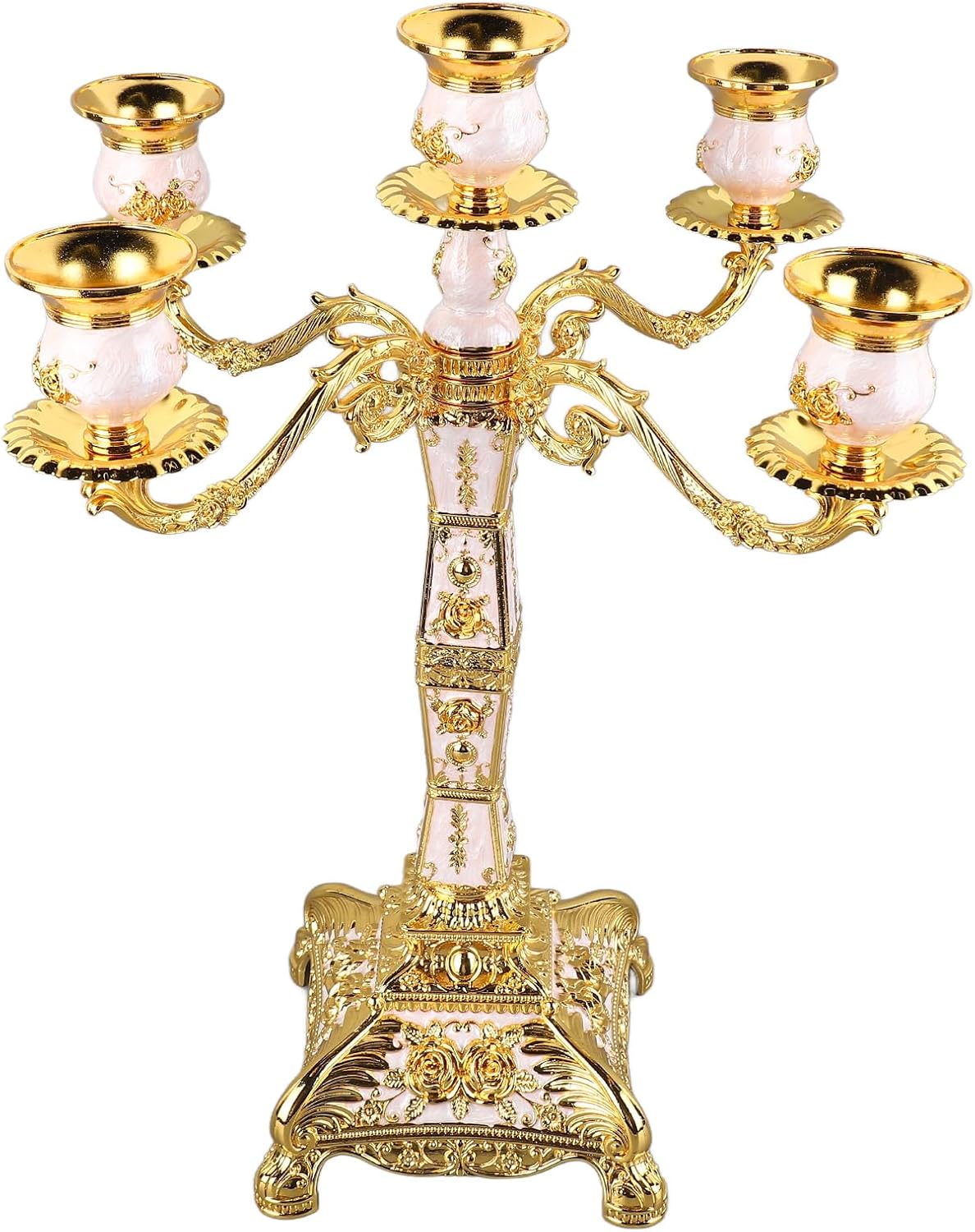 Metal Arms Candelabra, European Style Retro Candlestick Holder, Vintage Candelabra Decoration with Polished Zinc Alloy, Romantic Pillar Candle Holder for Wedding Dinner Party Home (Gold and White