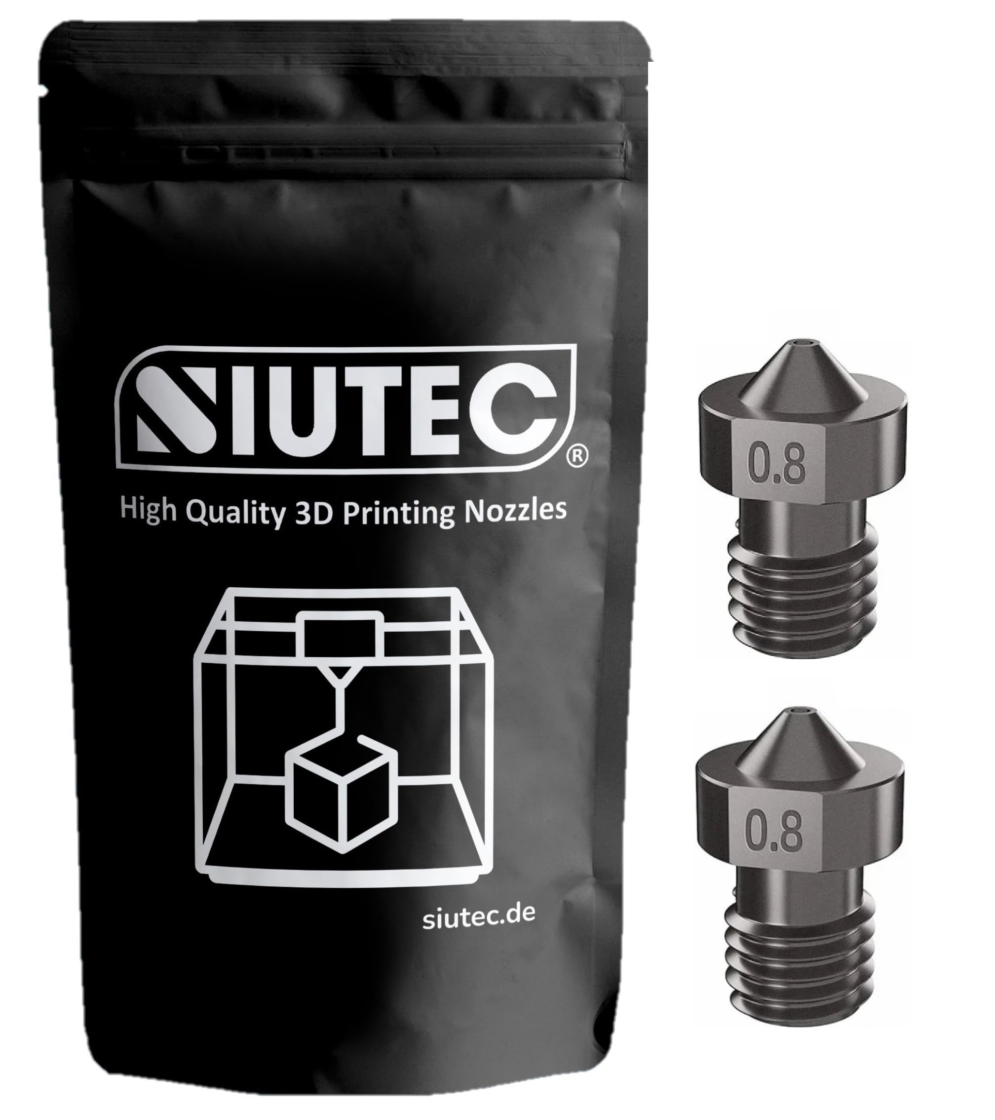SIUTEC® Premium V5 / V6 Hardened Steel/Hardened Steel, Nozzle/Nozzle, 0.8 mm, Set of 2, Compatible with i3, i3 Mega S, Chiron, 4MAX, Vyper, Kobra, Kobra Max, E3D V5 / V6 Hotend - for 1.75 mm Filament