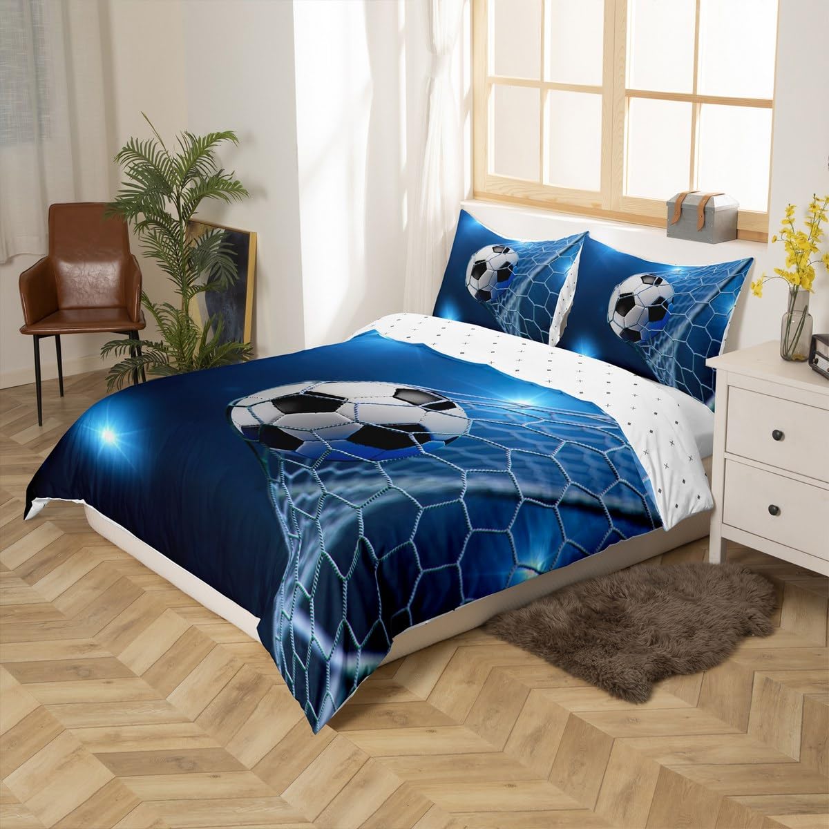 Feelyou Rugby Sports Bedding Set Football Comforter Cover Set for Kids Teens Soccer Ball Game Duvet Cover Gift for Soccer Lover Blue Bedspread Cover Room Decor Queen Size Bedspread Cover 3Pcs