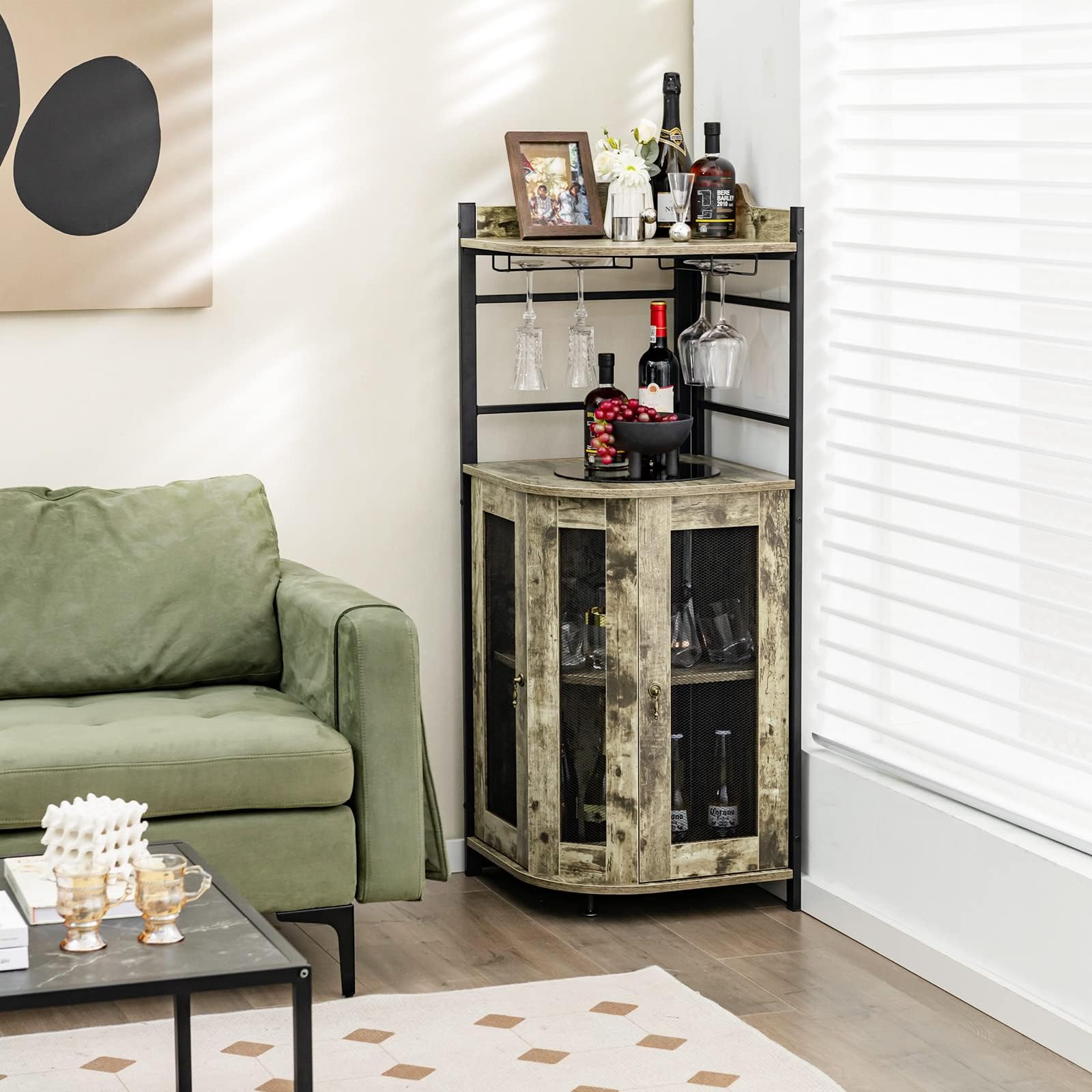 FANTASK Weinschrank Eckschrank, Barschrank Industrial mit Glashalter, Küche Hausbar aus Metallrahmen für Küche, Wohnzimmer, Esszimmer, 46 x 46 x 130 cm (Hellbraun)