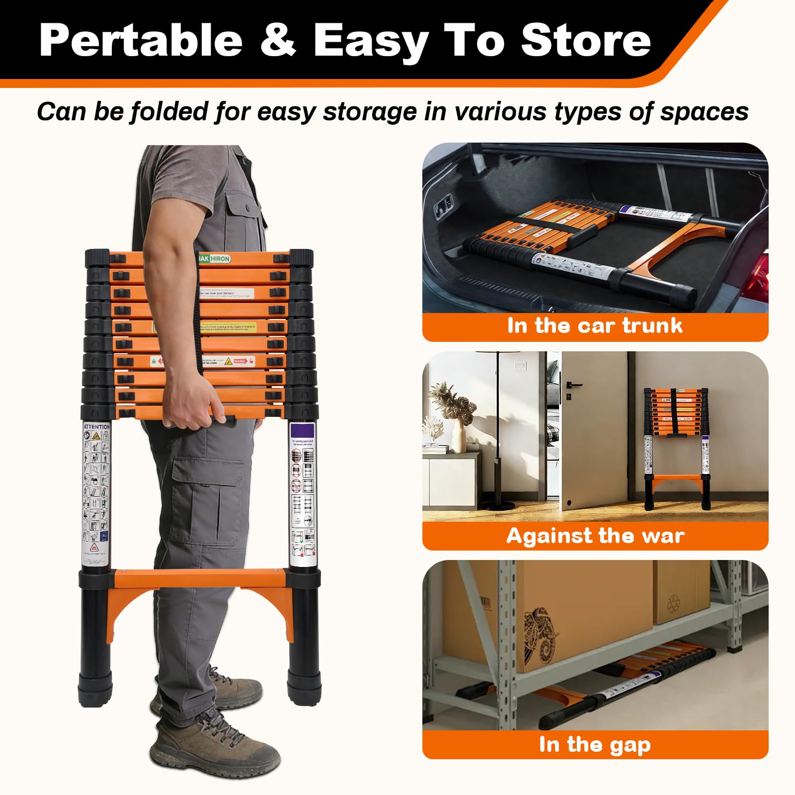 3,2m Escalera telescópica, escalera plegable de alta calidad extensible con estabilizador, escalera plegable antideslizante portátil multiusos para el hogar y exteriores para autocaravanas