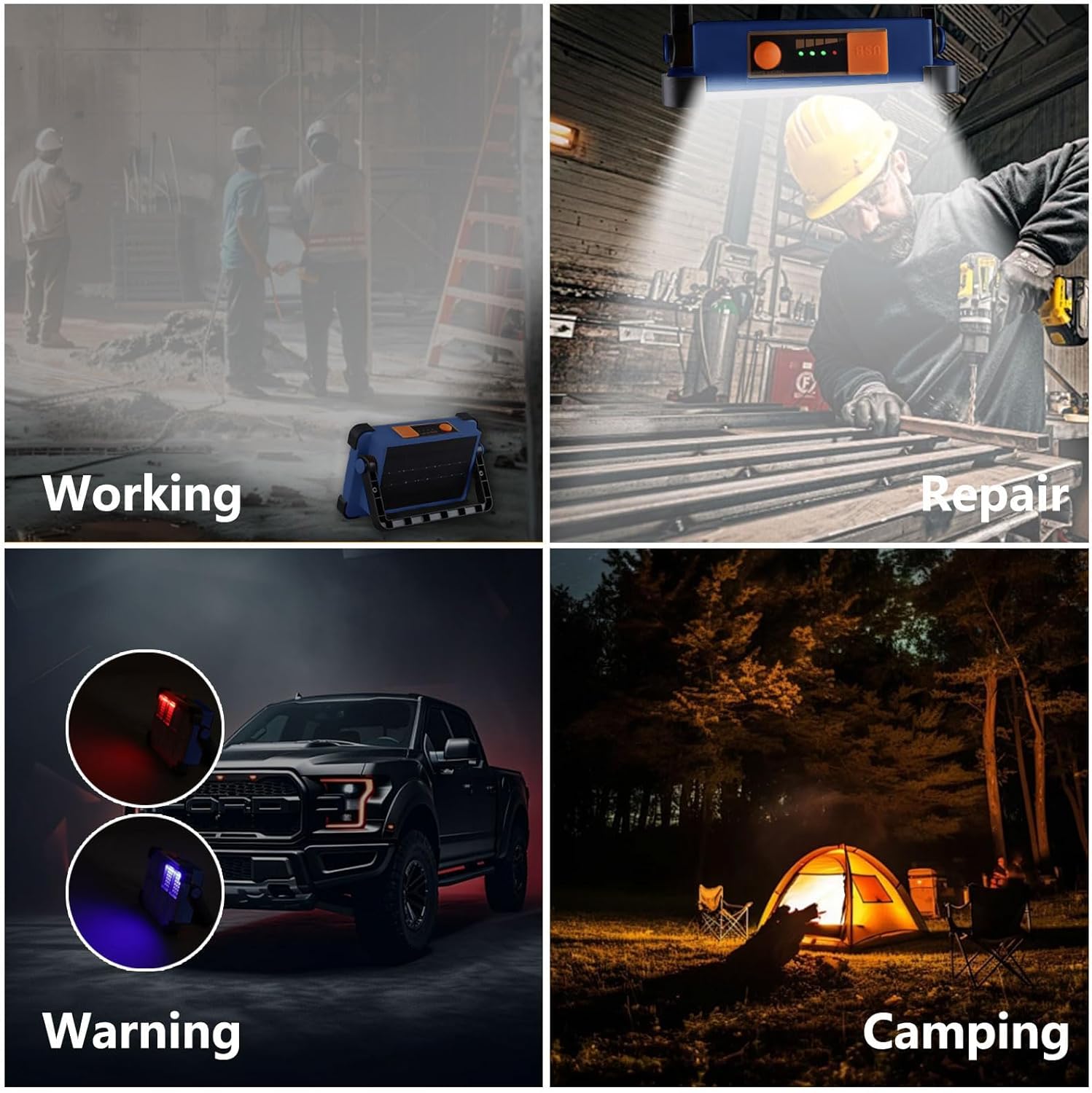 120W Solar Rechargeable Work Light, 144 LED Portable Flood Light with Stand, IP66 Waterproof 4 Modes LED Job Site Lighting Flashlights for Mechanic Camping Fishing Car Repair(Blue 1 Pack)
