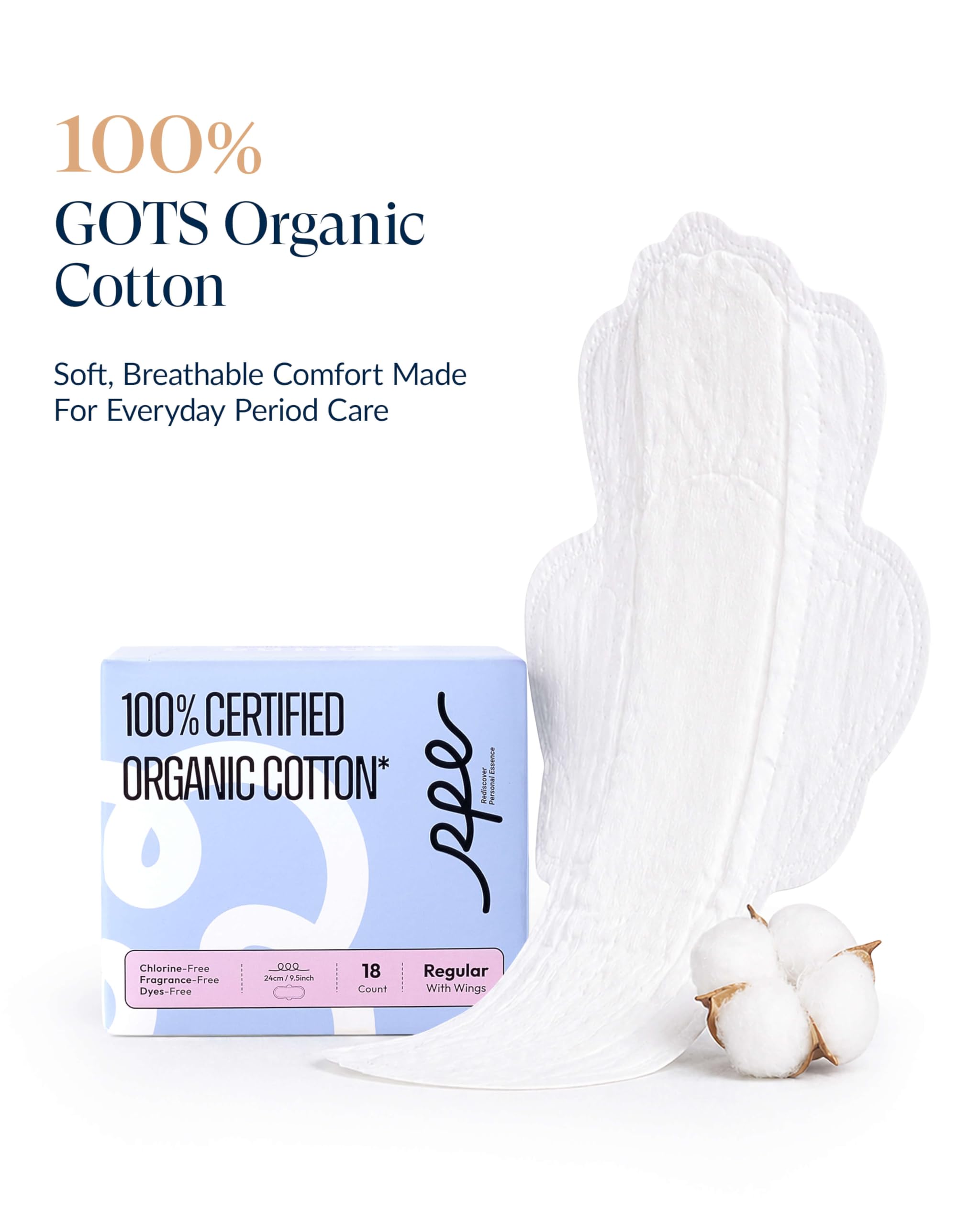 RPE Life 54 Stück Menstruationsbinden aus 100% Bio-Baumwolle mit Flügeln | Atmungsaktive, ultradünne Menstruationspads mit Flügeln und zuverlässigem Auslaufschutz für empfindliche Haut.