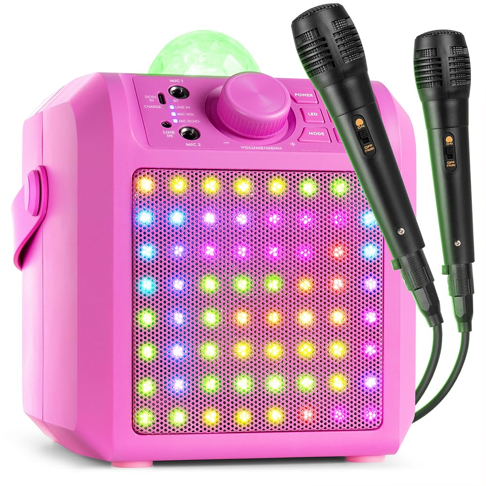 Fenton KAR55P – Musikbox Kinder Karaoke Anlage mit 2 Mikrofonen, Jelly Ball LED-Discolicht, Bluetooth, 10 Std. Akku, 50 Watt Leistung, AUX-Anschluss, Portable Karaoke Maschine Kinder in Pink