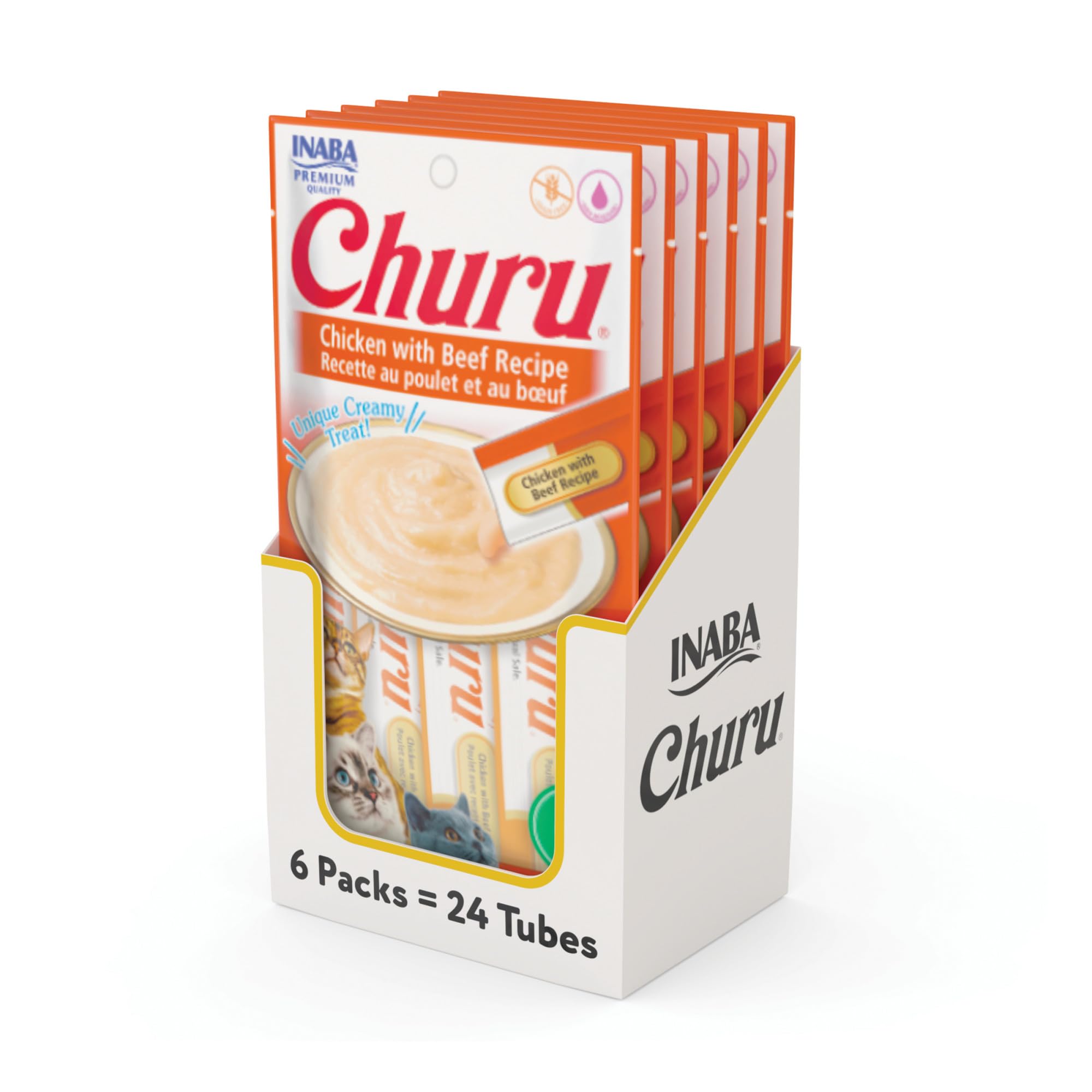 INABA Churu Cat Treats, Grain-Free, Lickable, Squeezable Creamy Purée Cat Treat/Topper with Vitamin E &amp; Taurine, 0.5 Ounces Each Tube, 24 Tubes (4 per Pack), Chicken with Beef Recipe