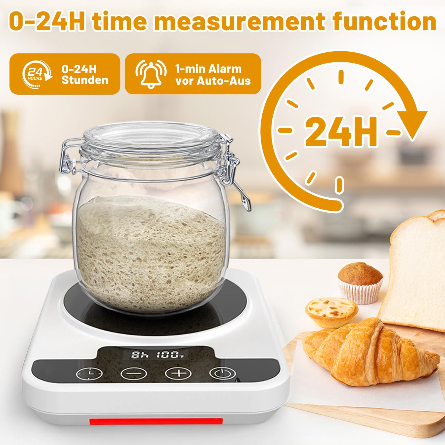 Chauffe-levain avec thermostat de précision (21-38 °C) et minuterie 12 h - Fonction marche/arrêt automatique avec mémoire - Parfait pour la cuisson à la maison et la fermentation au levain - Blanc