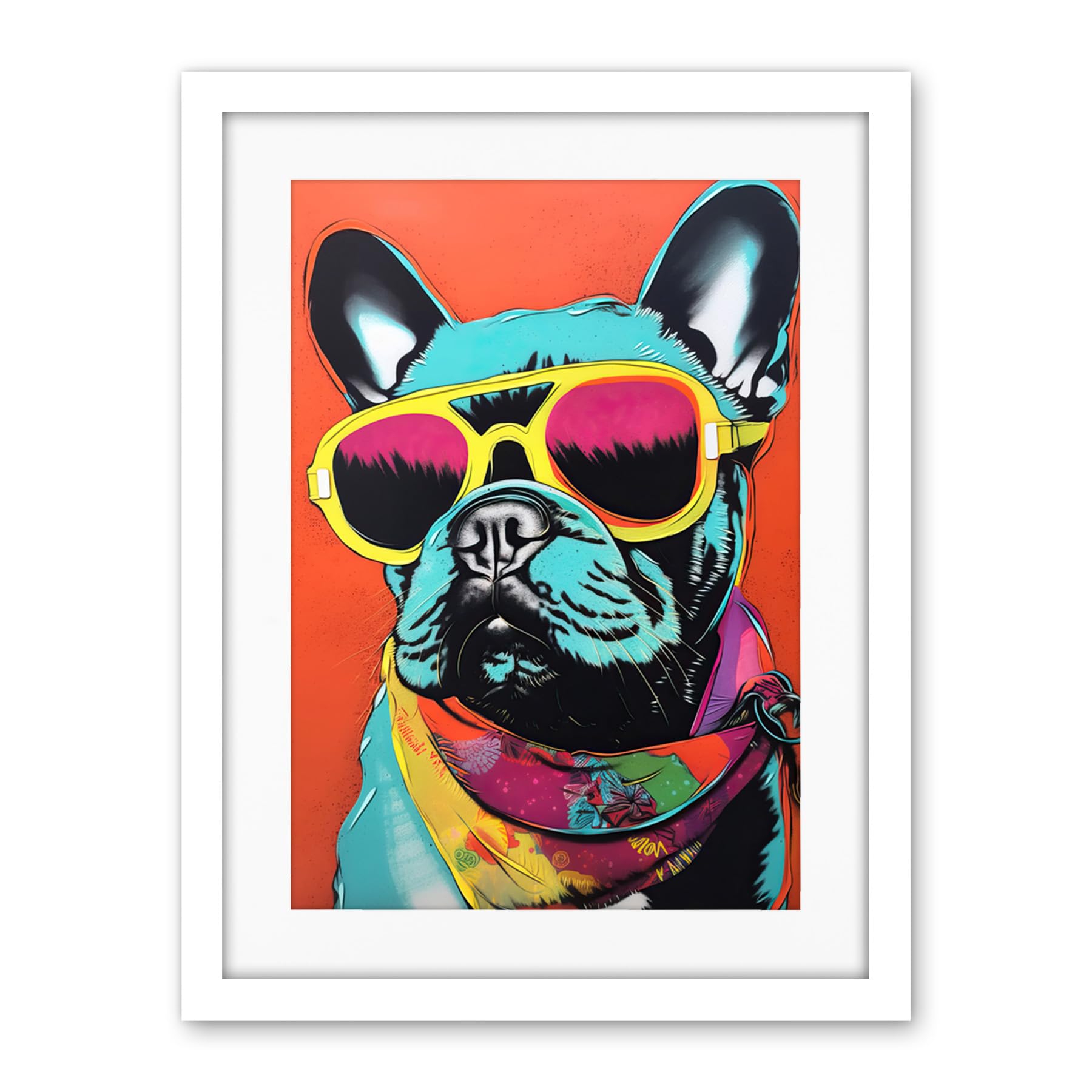 Artery8 French Bulldog Wearing Sunglasses and Bandana Artwork Framed Wall Art Print 18X24 Inch