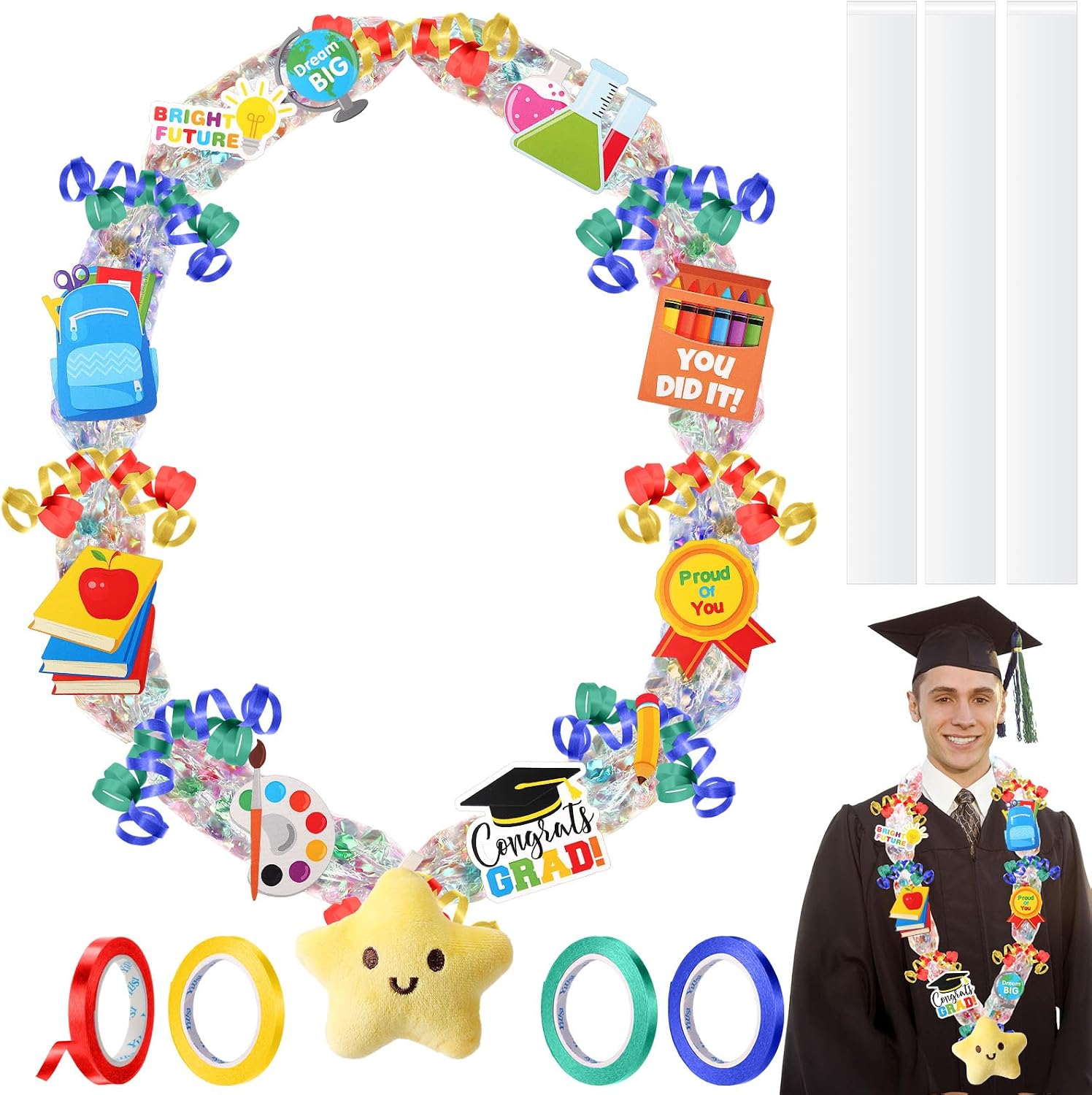 Spakon Graduation Candy Lei Making Kit, 2026 DIY Graduation Candy Lei Tubing with 1 Dinosaur Decoration 4 PE Bag 4 Ribbon 10 Grad Cutouts for Class of 2026 Grad Summer Hawaiian Birthday Party Favors